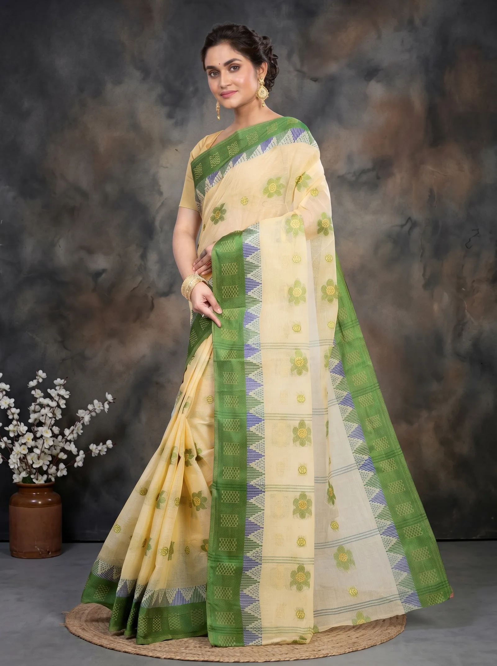 DipDiya Pure Cotton  Traditional Bengali Green Artisan Crafted Palasful Tant Saree