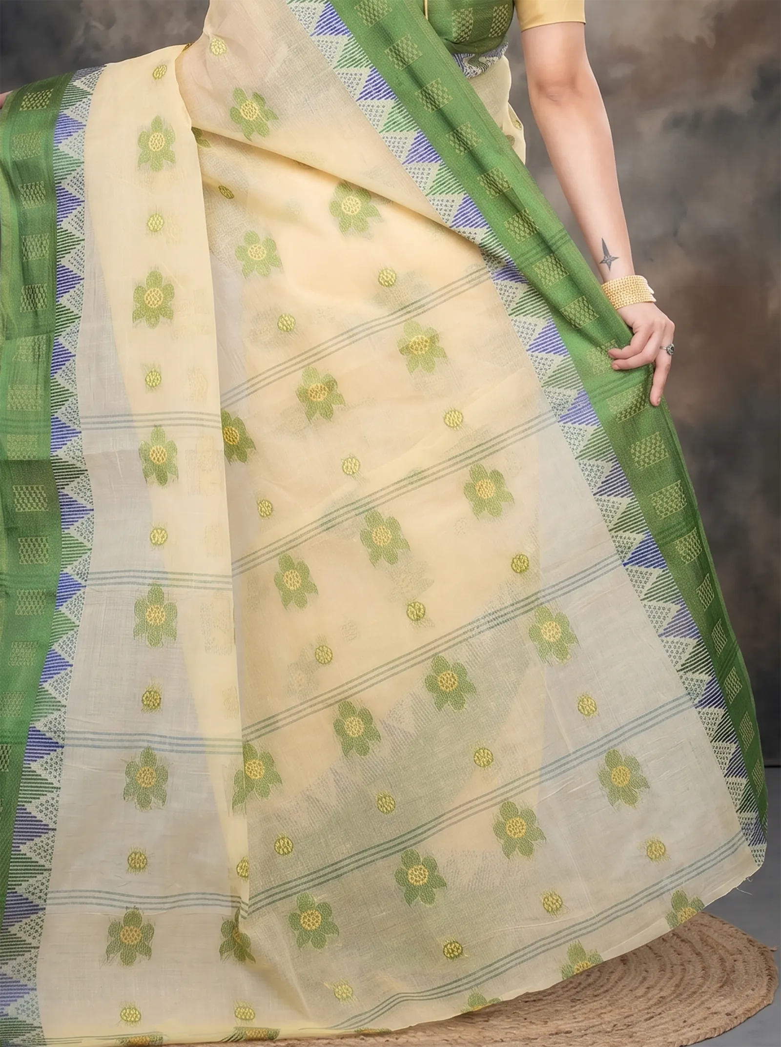 DipDiya Pure Cotton  Traditional Bengali Green Artisan Crafted Palasful Tant Saree