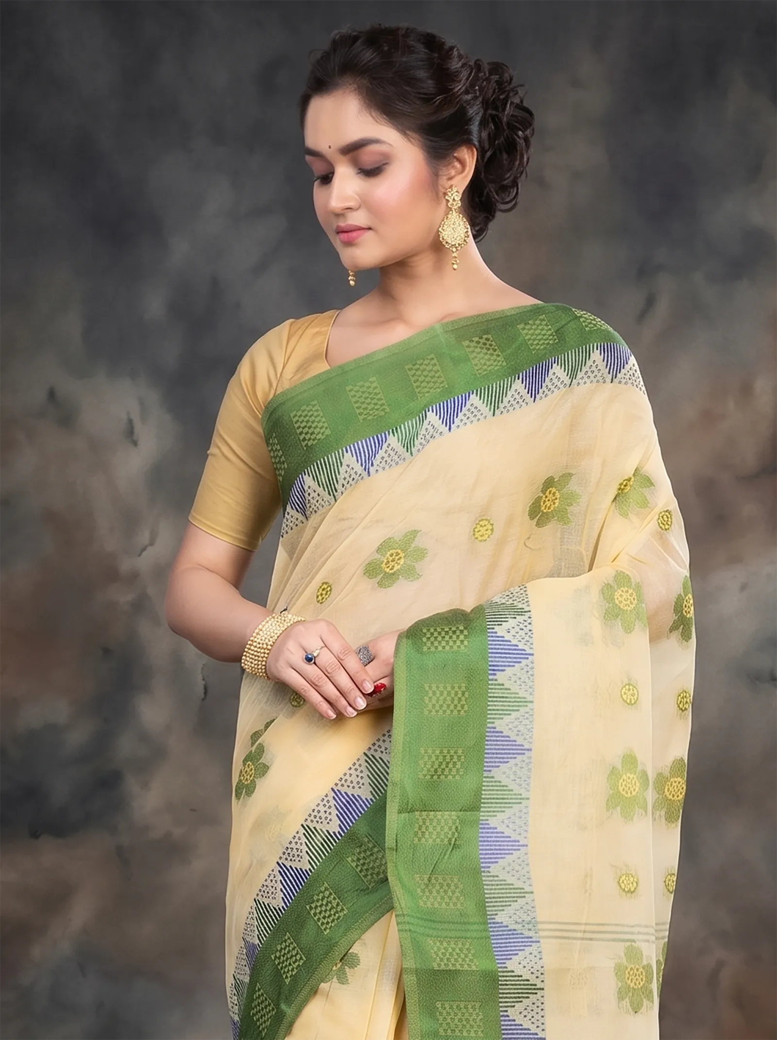 DipDiya Pure Cotton  Traditional Bengali Green Artisan Crafted Palasful Tant Saree