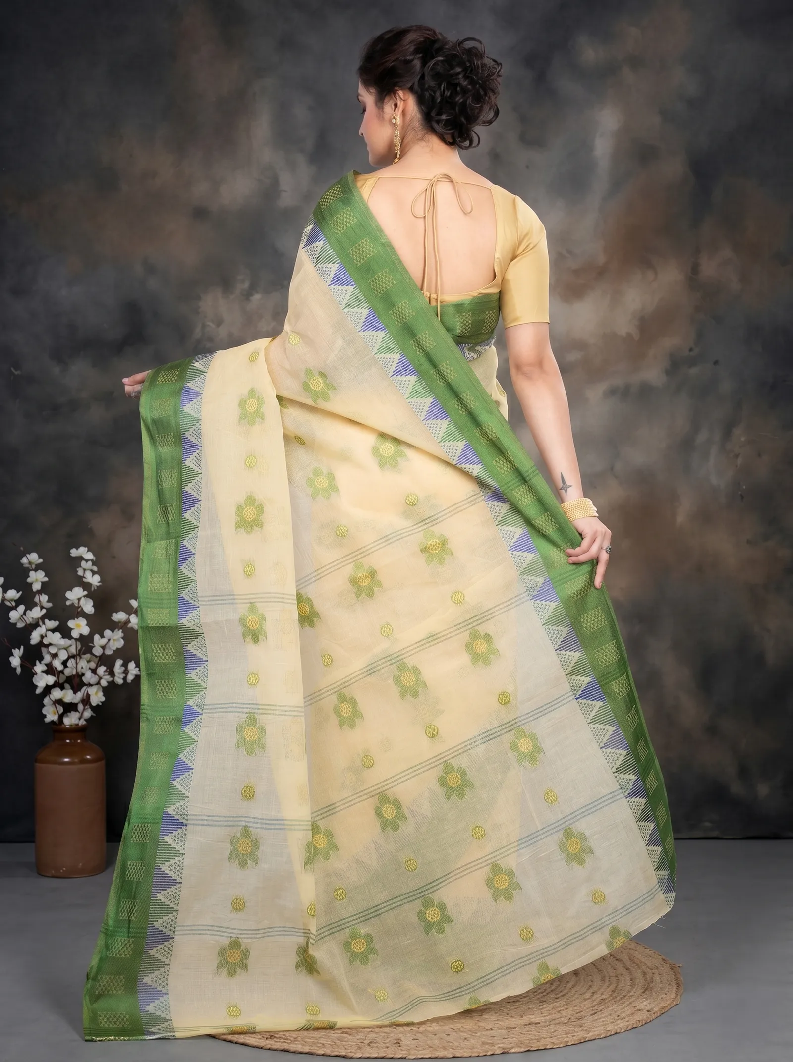 DipDiya Pure Cotton  Traditional Bengali Green Artisan Crafted Palasful Tant Saree