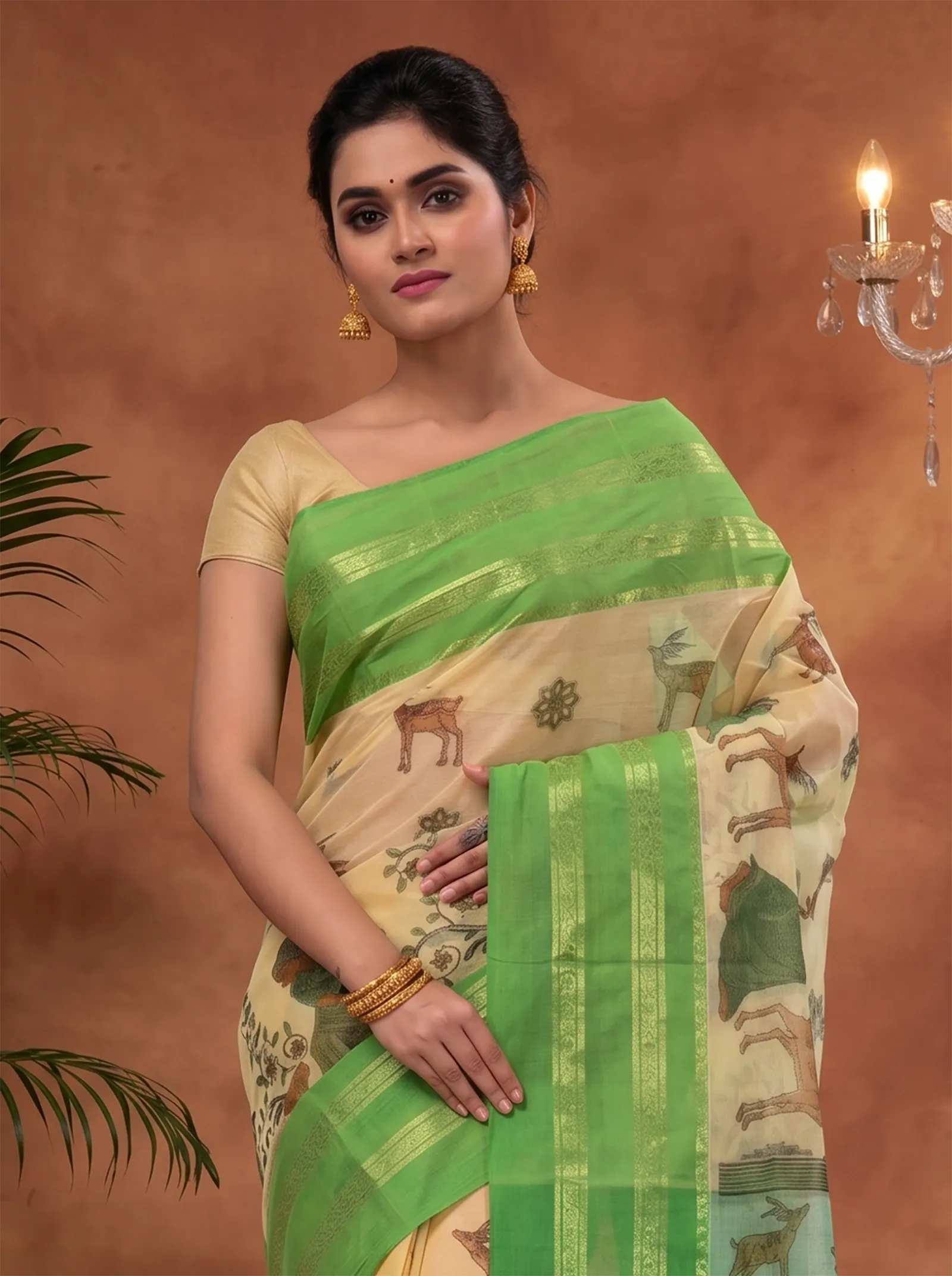 DipDiya Pure Cotton  Traditional Bengali Green Artisan Crafted Sakuntala Printed Tant Saree