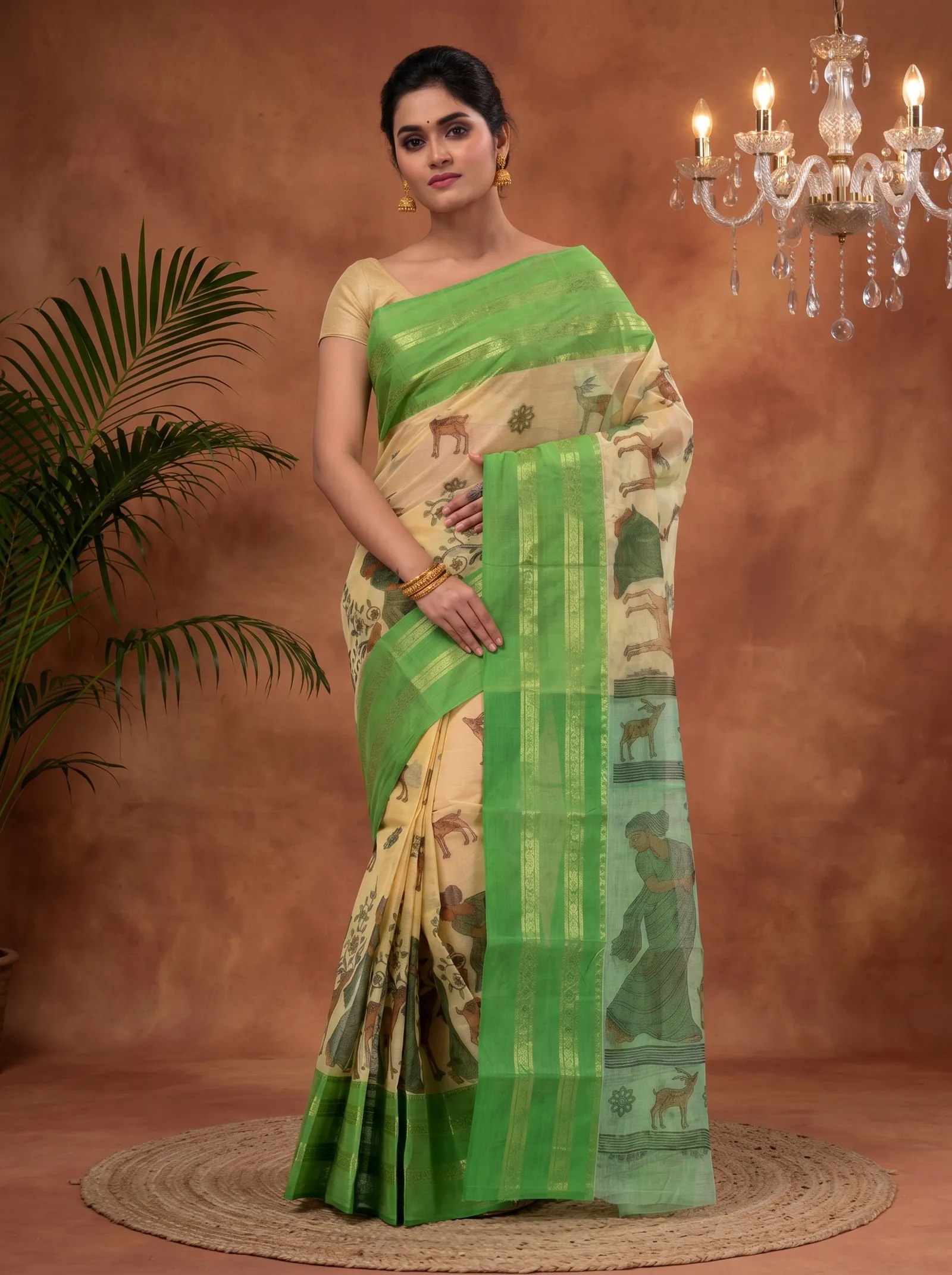 DipDiya Pure Cotton  Traditional Bengali Green Artisan Crafted Sakuntala Printed Tant Saree