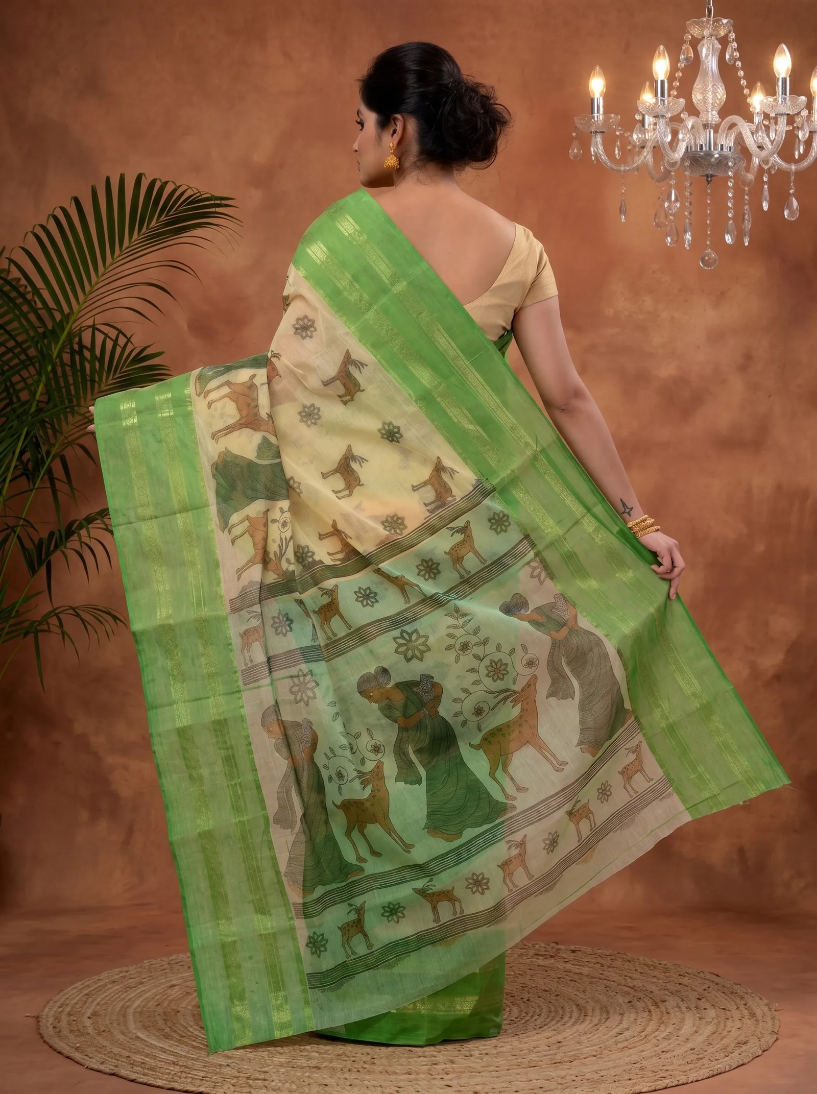 DipDiya Pure Cotton  Traditional Bengali Green Artisan Crafted Sakuntala Printed Tant Saree