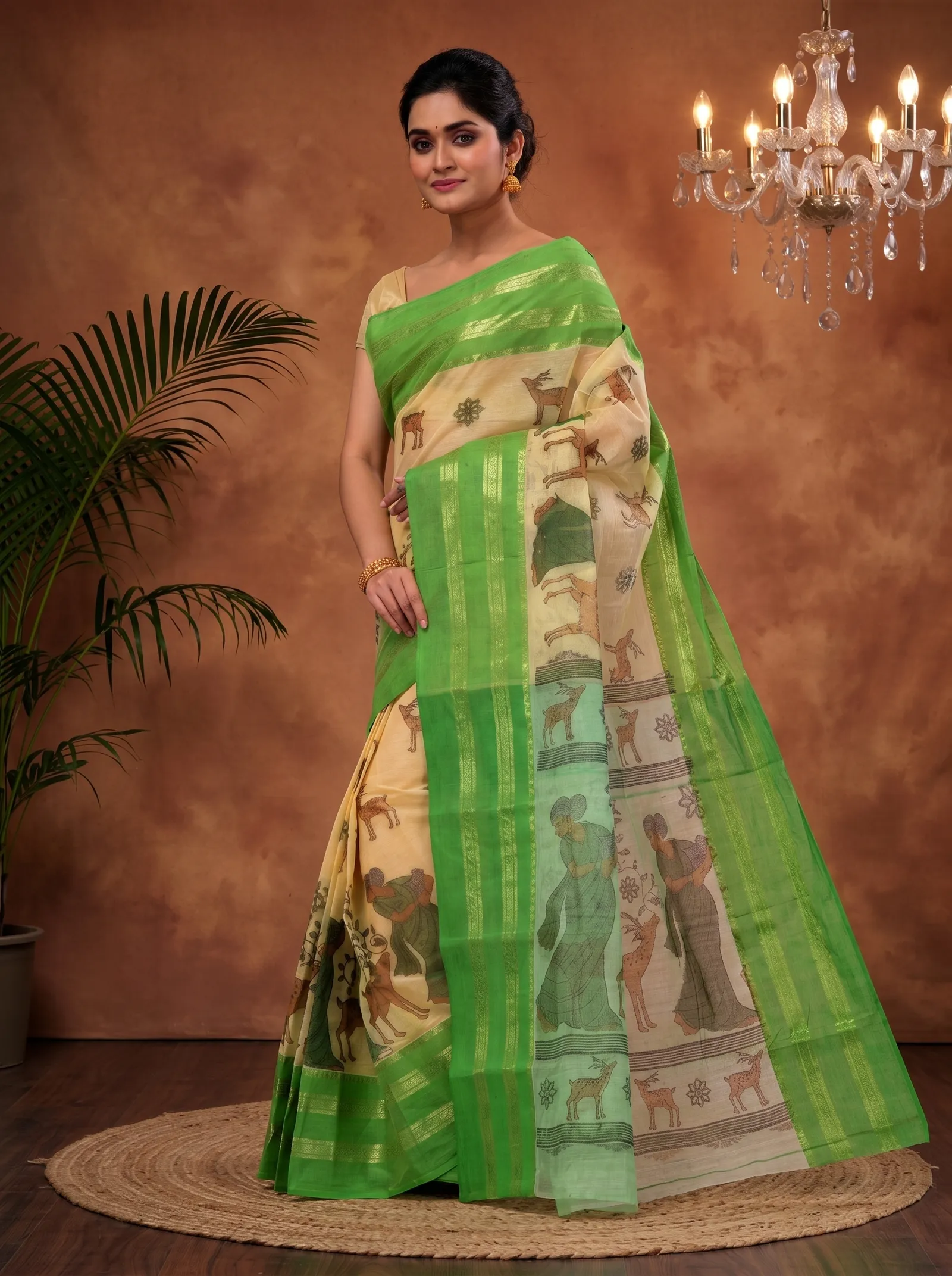 DipDiya Pure Cotton  Traditional Bengali Green Artisan Crafted Sakuntala Printed Tant Saree