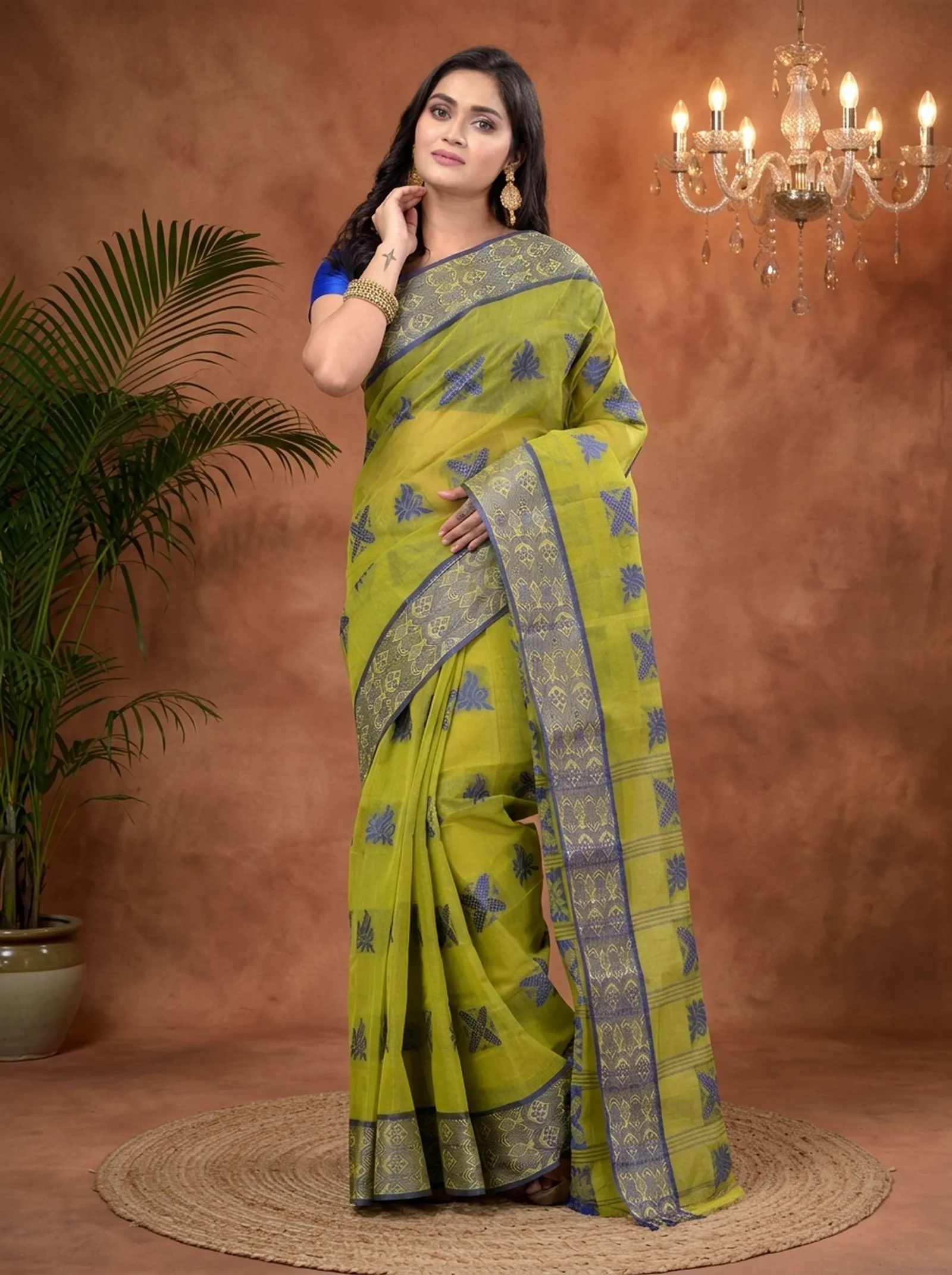 DipDiya Pure Cotton  Traditional Bengali Green Artisan Crafted Suparna Buti Tant Saree