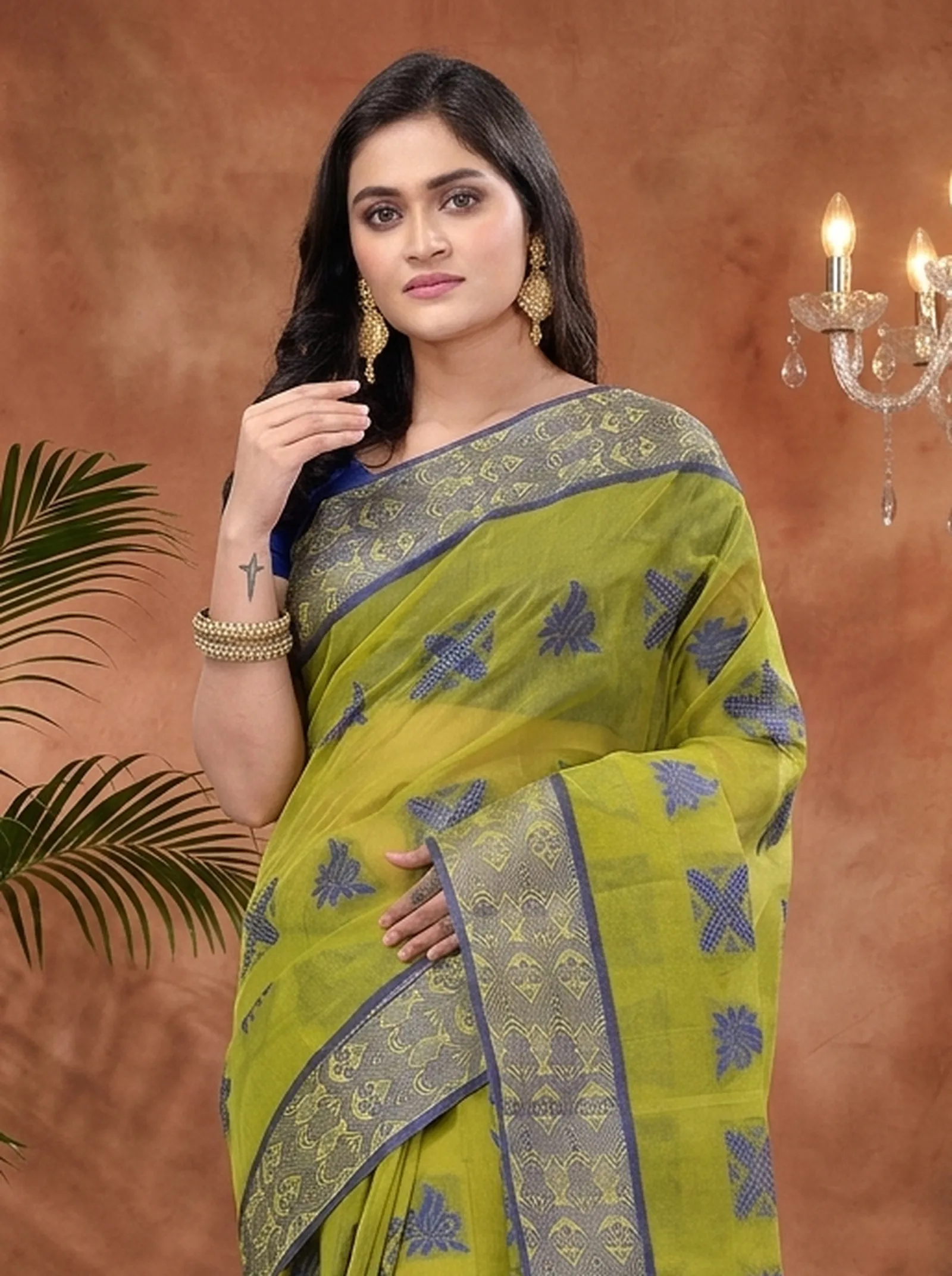 DipDiya Pure Cotton  Traditional Bengali Green Artisan Crafted Suparna Buti Tant Saree
