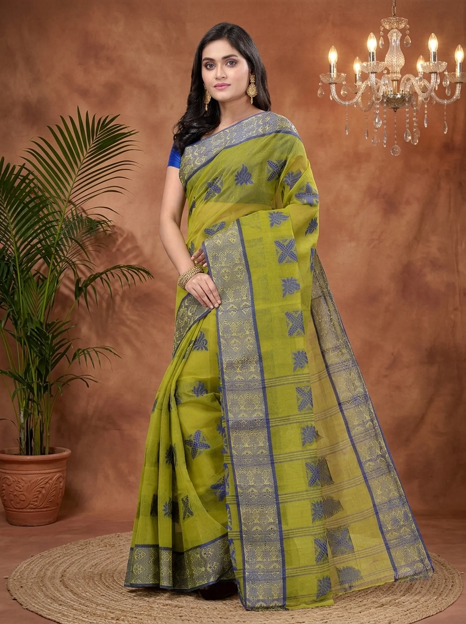 DipDiya Pure Cotton  Traditional Bengali Green Artisan Crafted Suparna Buti Tant Saree