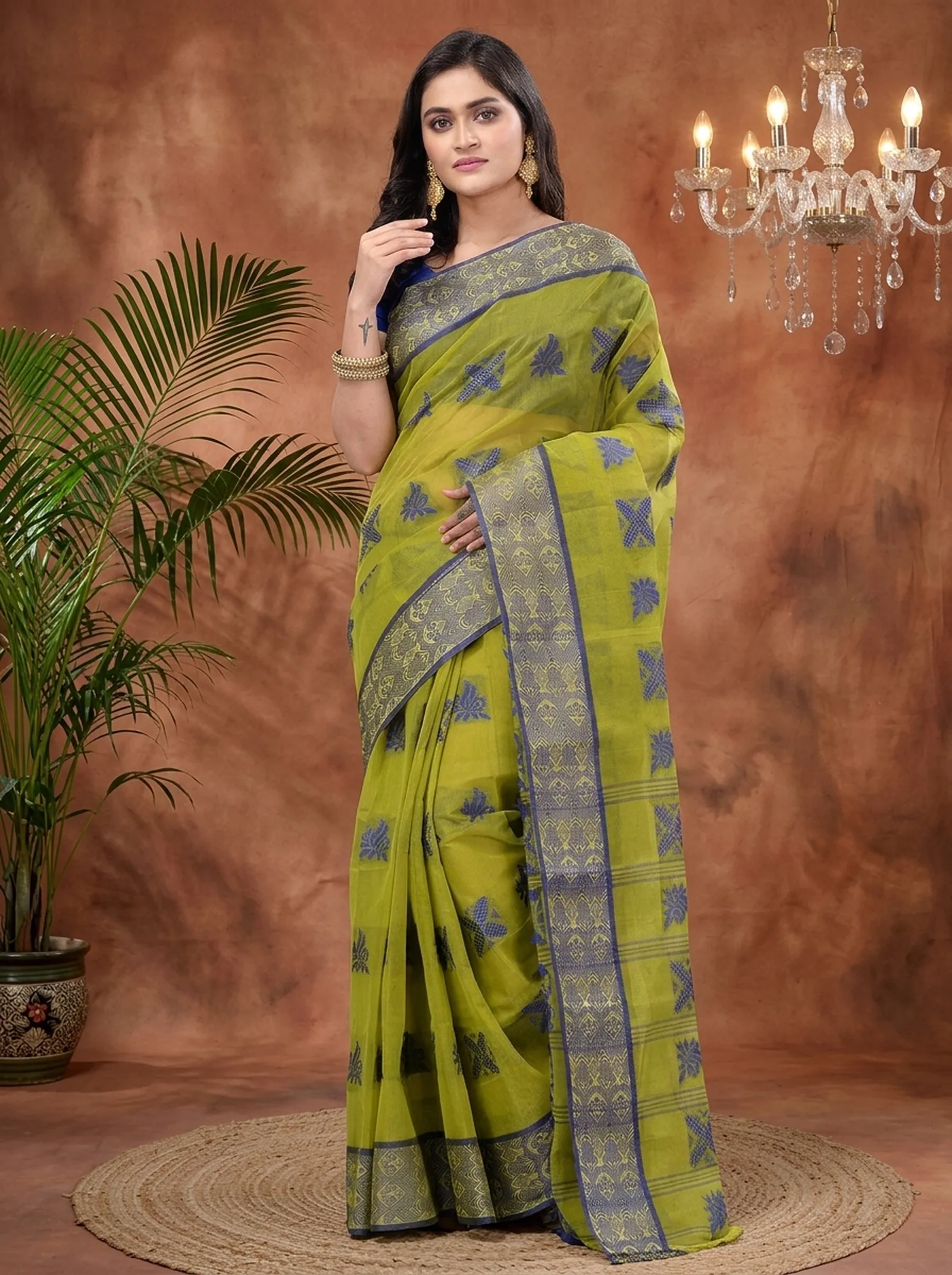 DipDiya Pure Cotton  Traditional Bengali Green Artisan Crafted Suparna Buti Tant Saree