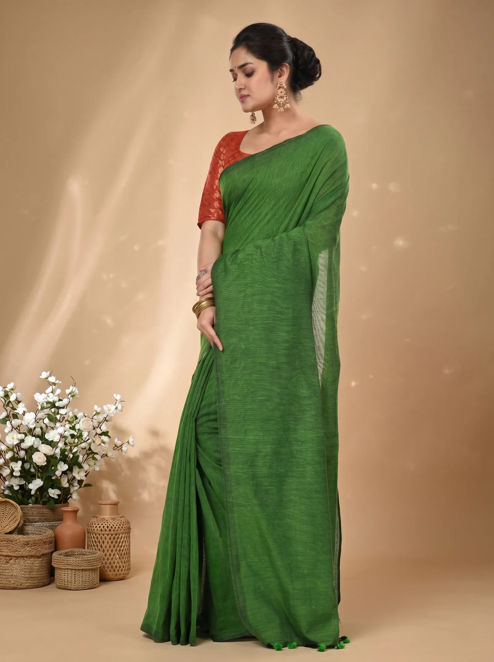 DipDiya Pure Cotton  Traditional Bengali Green Artisan Crafted ThanKhadi Handloom Saree