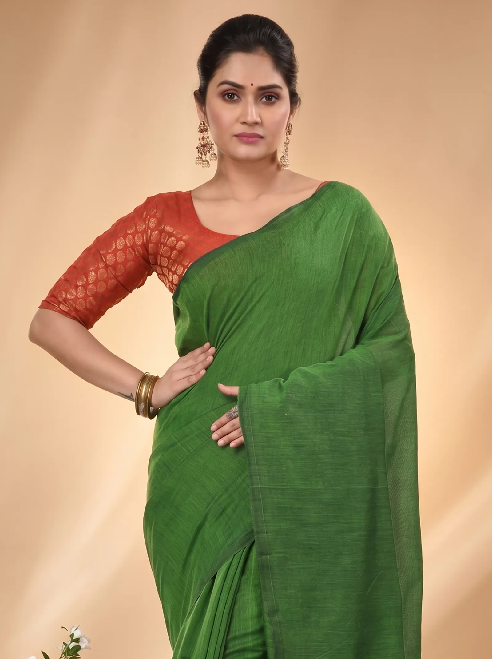 DipDiya Pure Cotton  Traditional Bengali Green Artisan Crafted ThanKhadi Handloom Saree