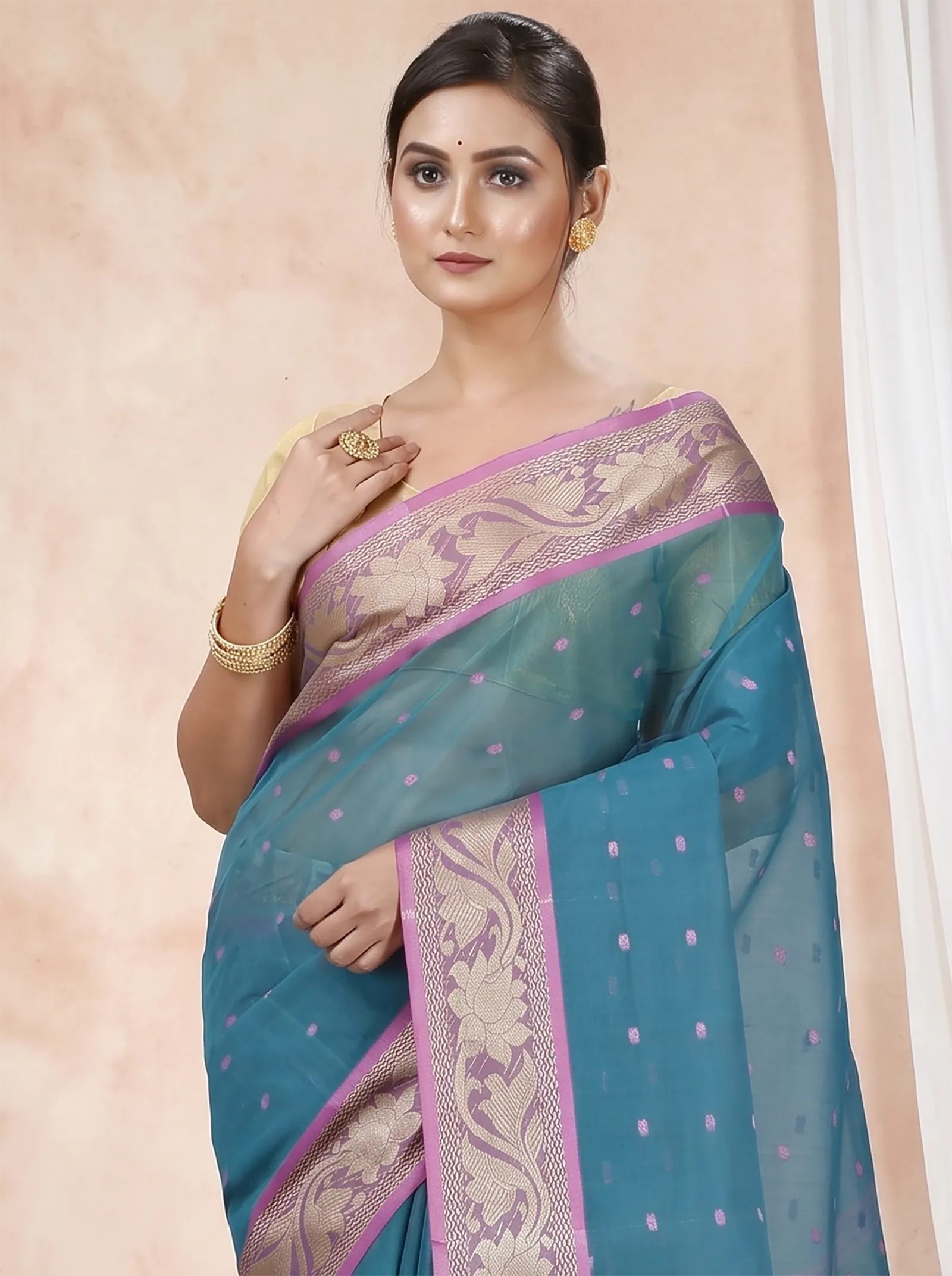 DipDiya Pure Cotton  Traditional Bengali Green Artisan Crafted Unnati Tant Saree