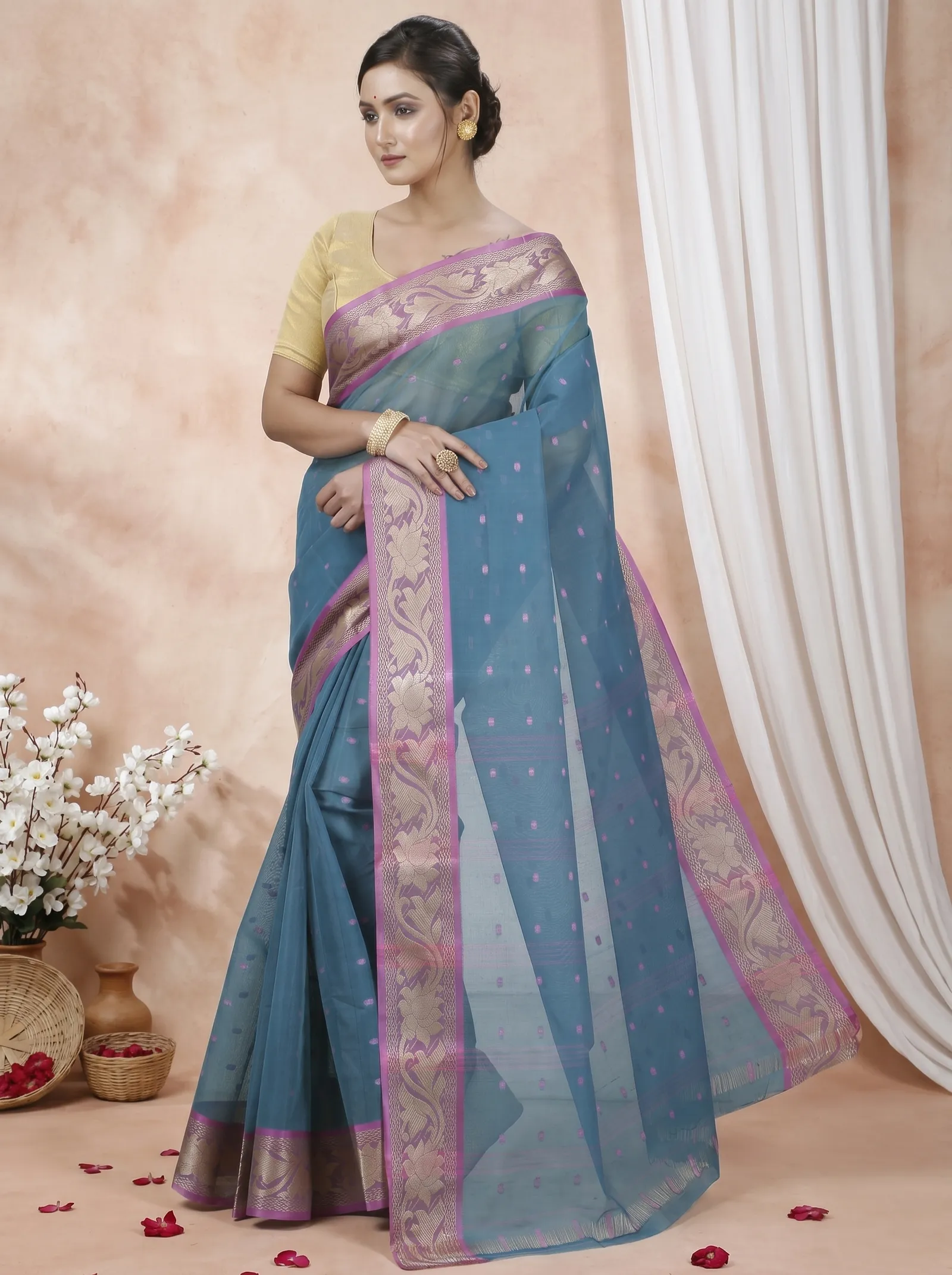 DipDiya Pure Cotton  Traditional Bengali Green Artisan Crafted Unnati Tant Saree