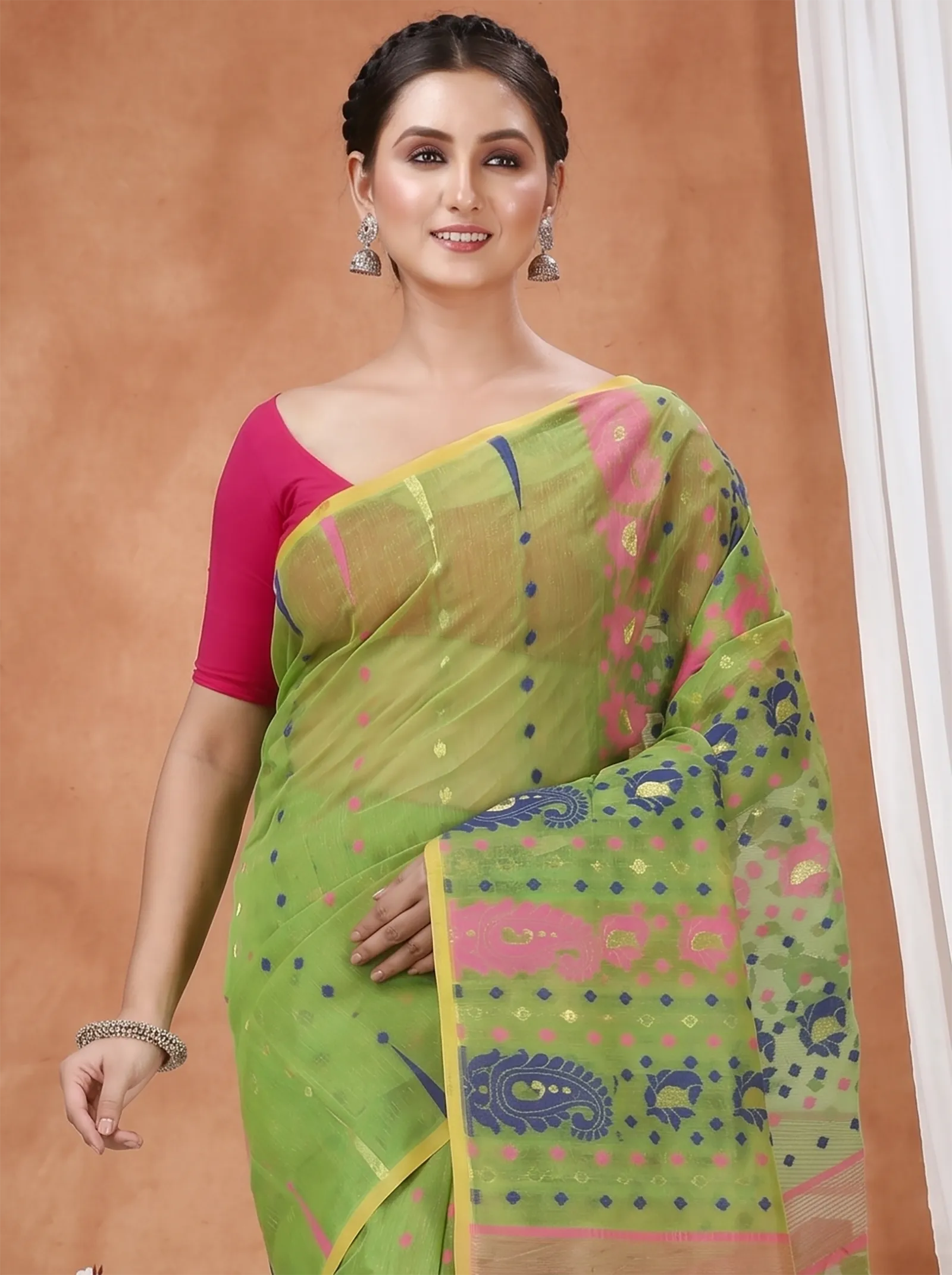 DipDiya Pure Cotton  Traditional Bengali Green Artisan Crafted Vani Jamdani Saree