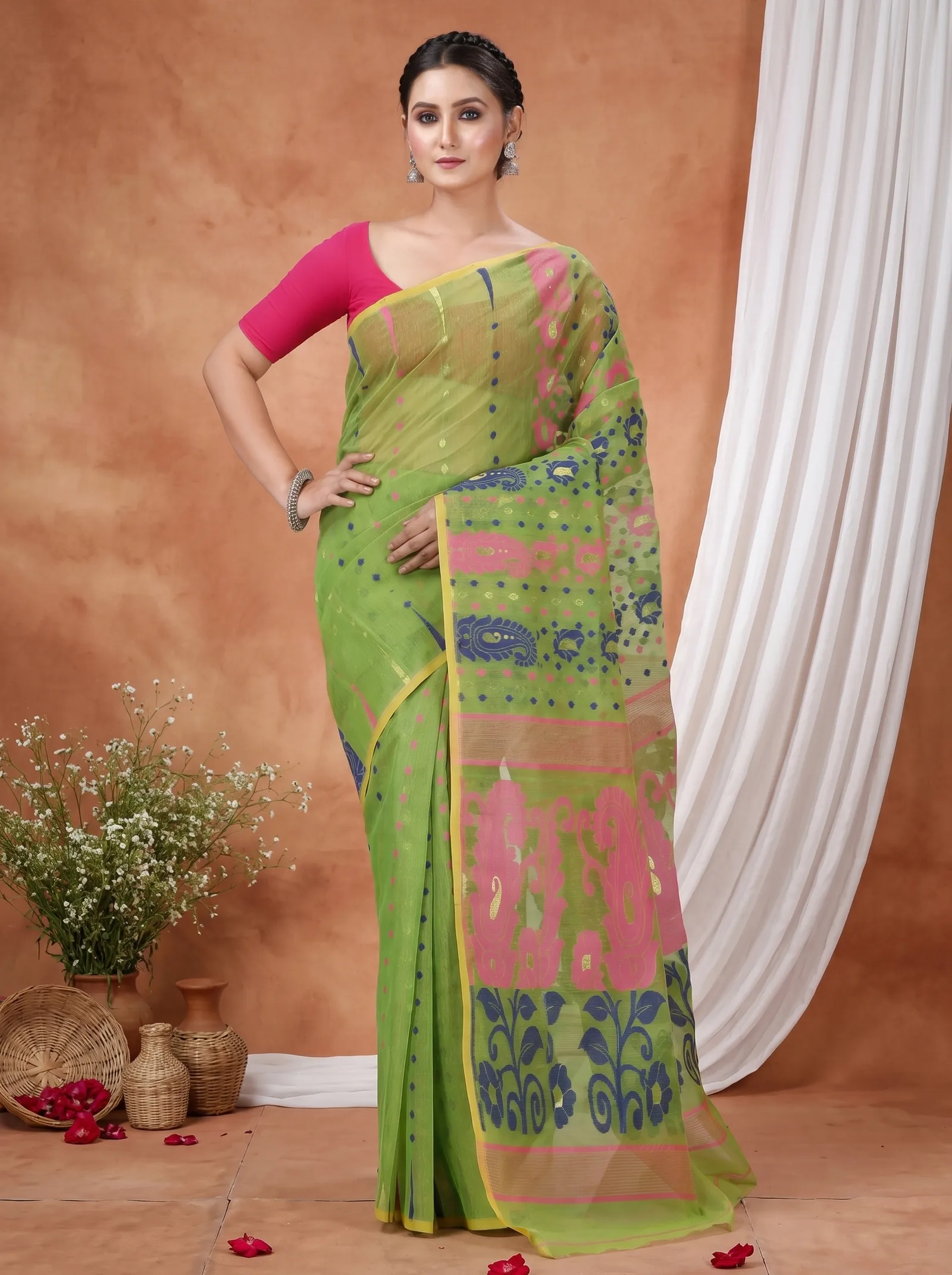DipDiya Pure Cotton  Traditional Bengali Green Artisan Crafted Vani Jamdani Saree