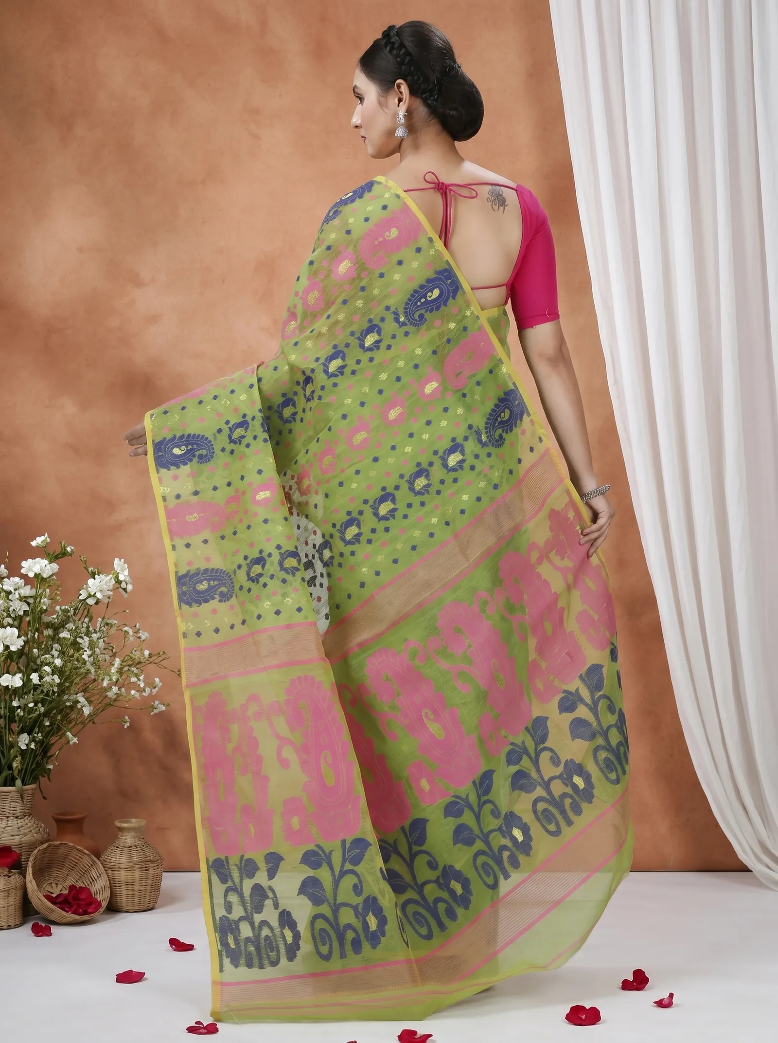 DipDiya Pure Cotton  Traditional Bengali Green Artisan Crafted Vani Jamdani Saree