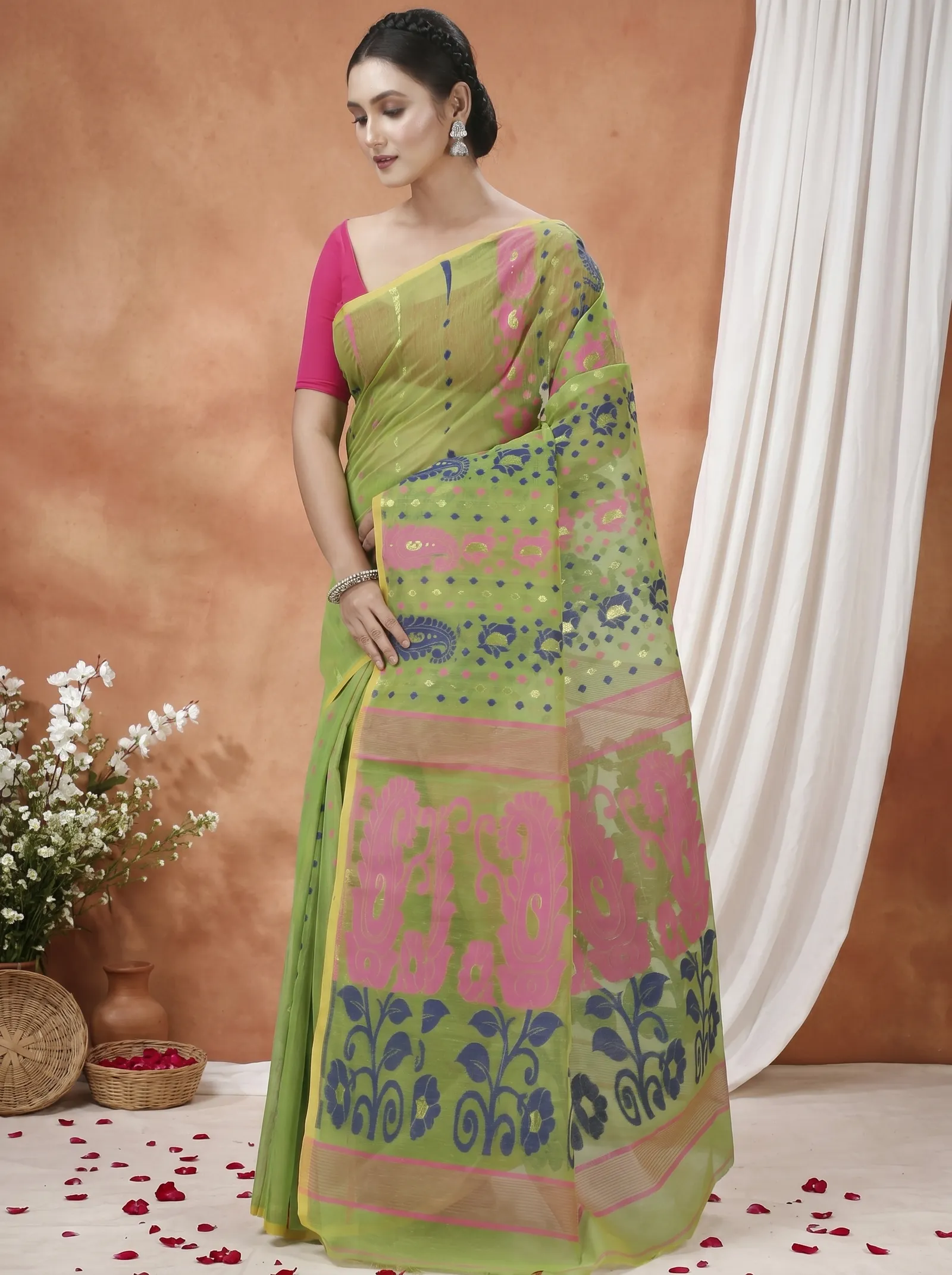 DipDiya Pure Cotton  Traditional Bengali Green Artisan Crafted Vani Jamdani Saree