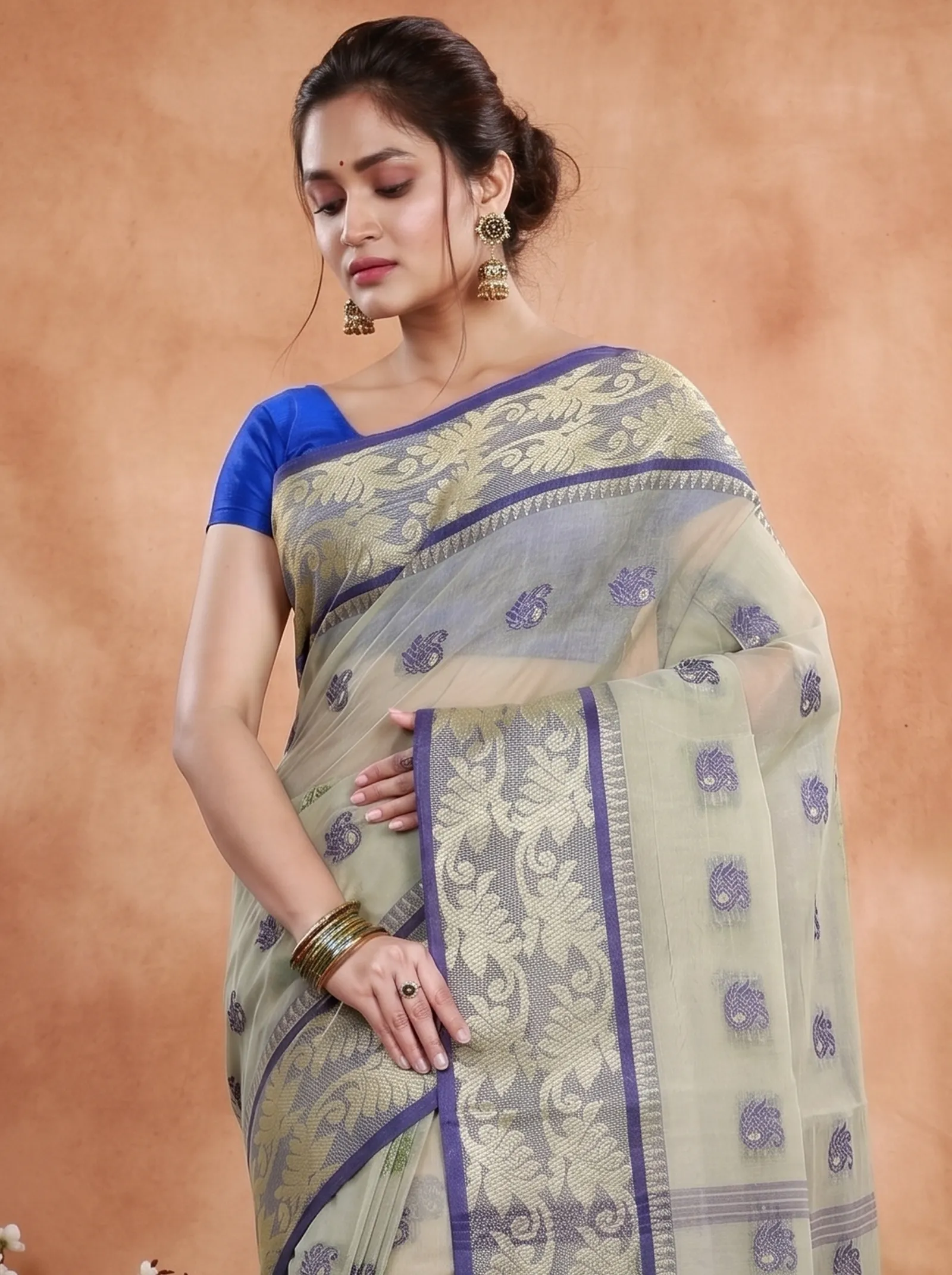 DipDiya Pure Cotton  Traditional Bengali Grey Artisan Crafted HasFul Tant Saree