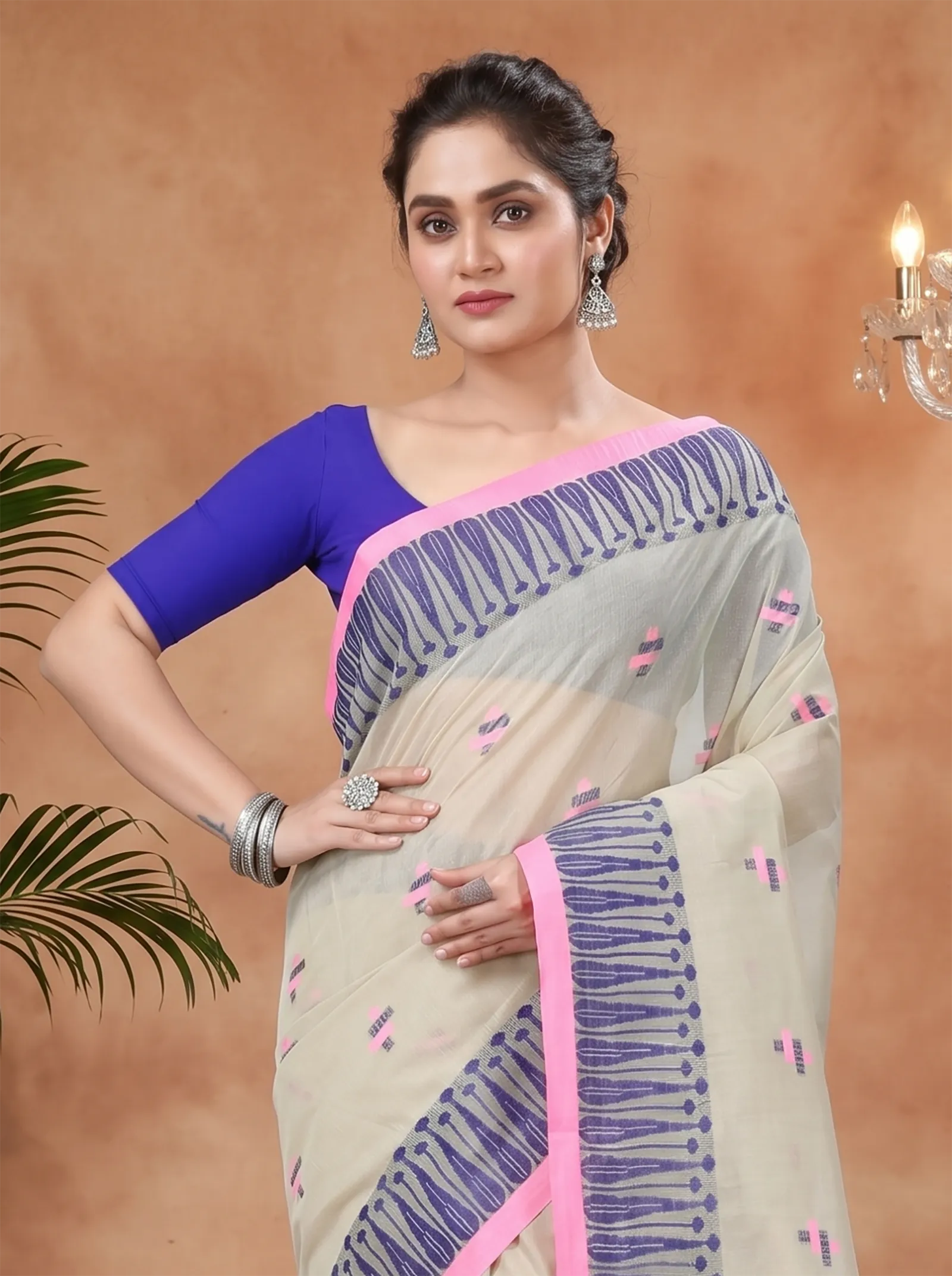 DipDiya Pure Cotton  Traditional Bengali Grey Artisan Crafted Simar Tant Saree