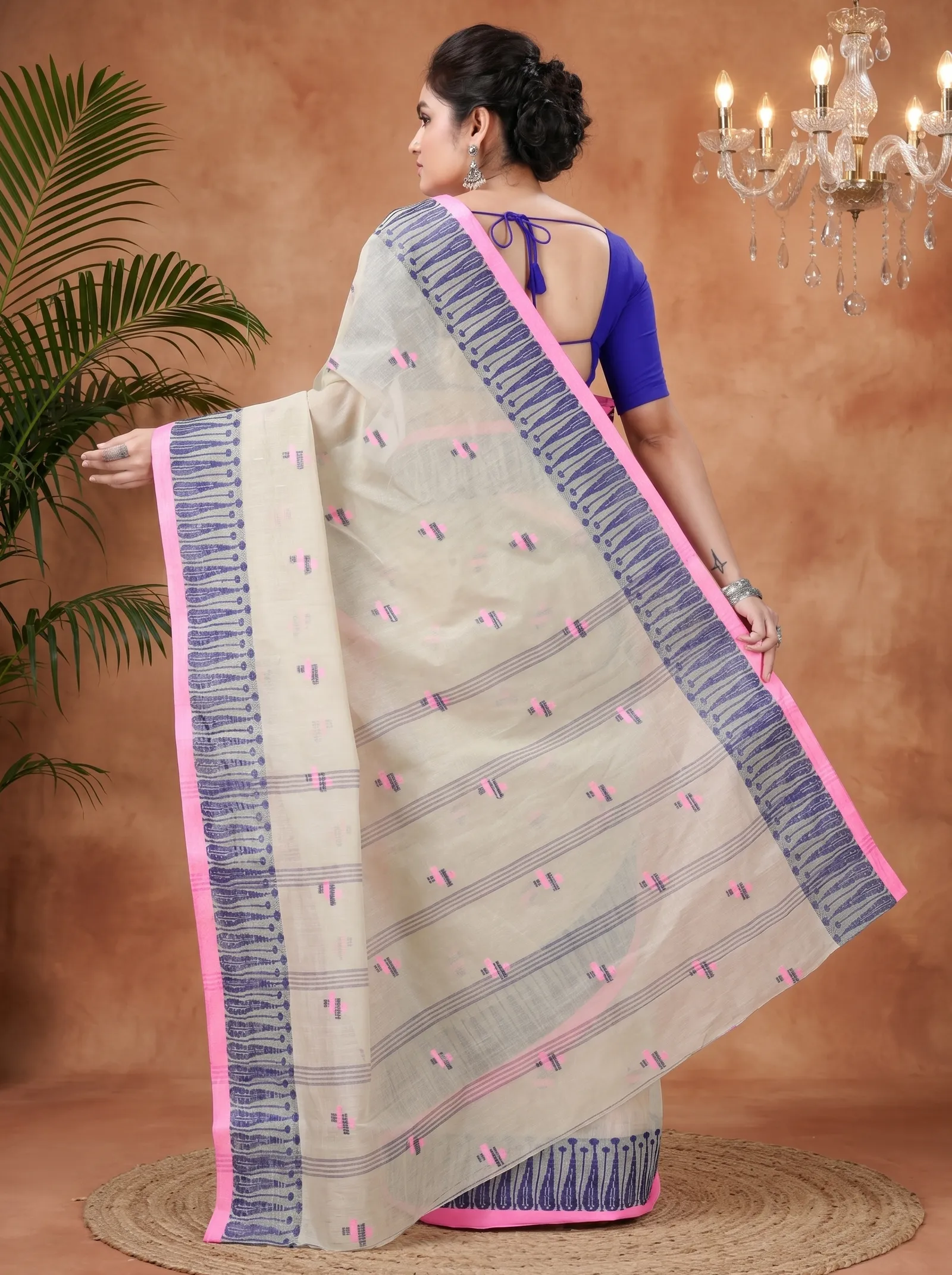 DipDiya Pure Cotton  Traditional Bengali Grey Artisan Crafted Simar Tant Saree