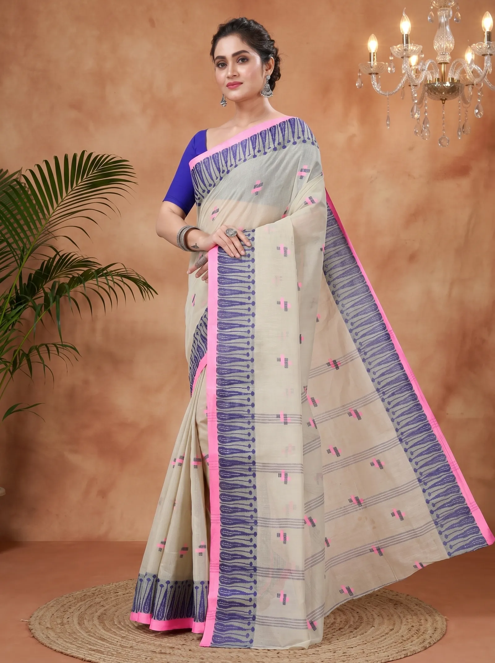 DipDiya Pure Cotton  Traditional Bengali Grey Artisan Crafted Simar Tant Saree