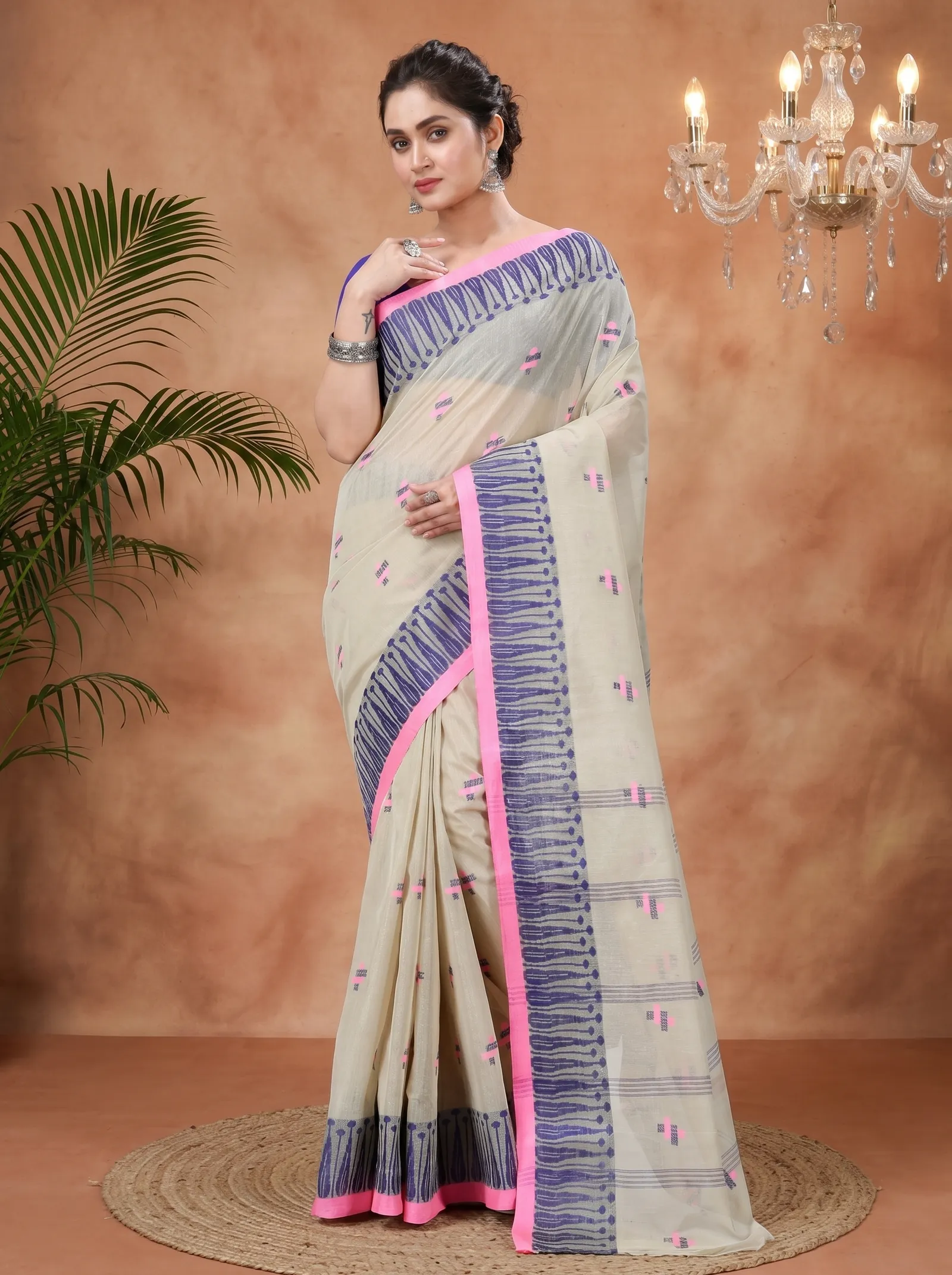 DipDiya Pure Cotton  Traditional Bengali Grey Artisan Crafted Simar Tant Saree