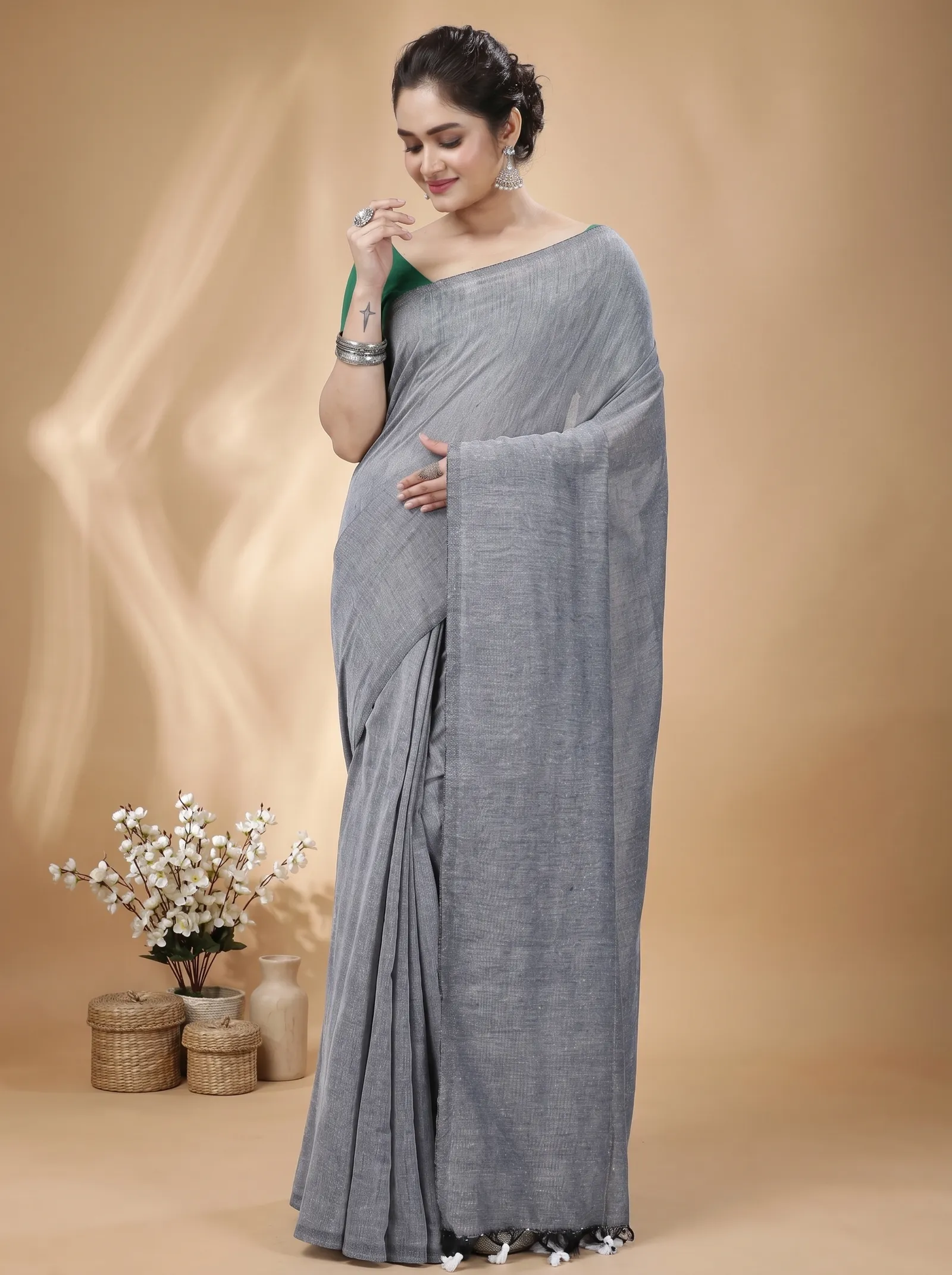 DipDiya Pure Cotton  Traditional Bengali Grey Artisan Crafted ThanKhadi Handloom Saree