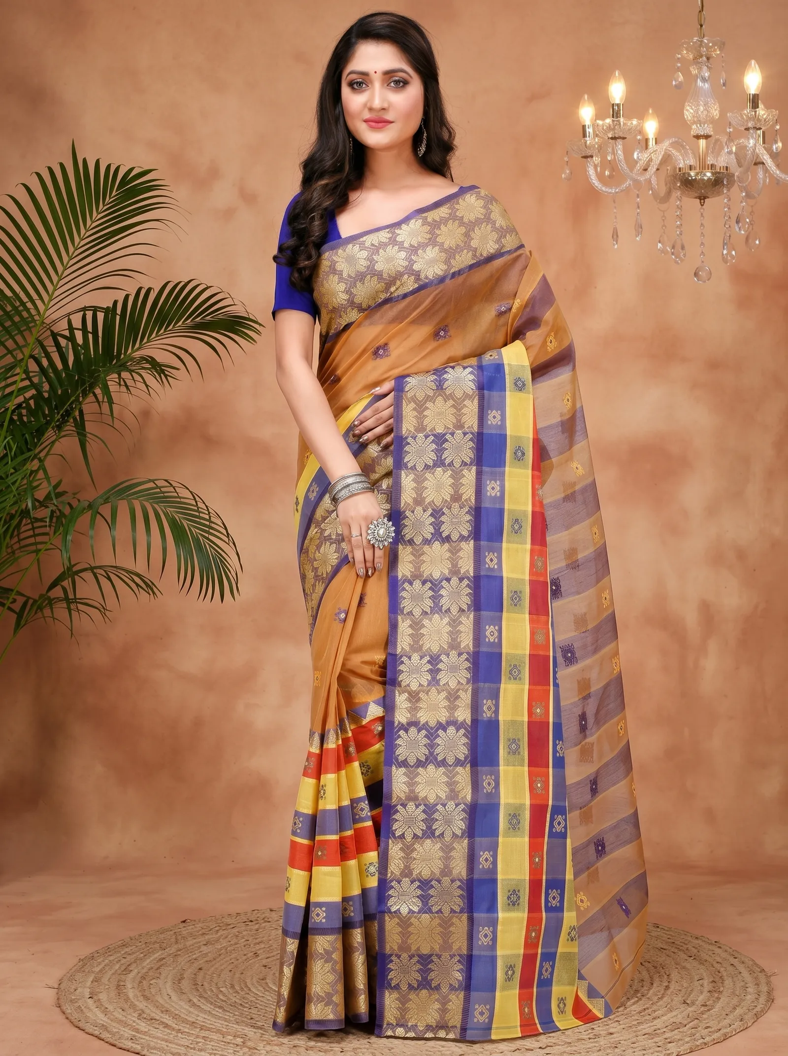DipDiya Pure Cotton  Traditional Bengali Light Brown Artisan Crafted FulPar Tant Saree
