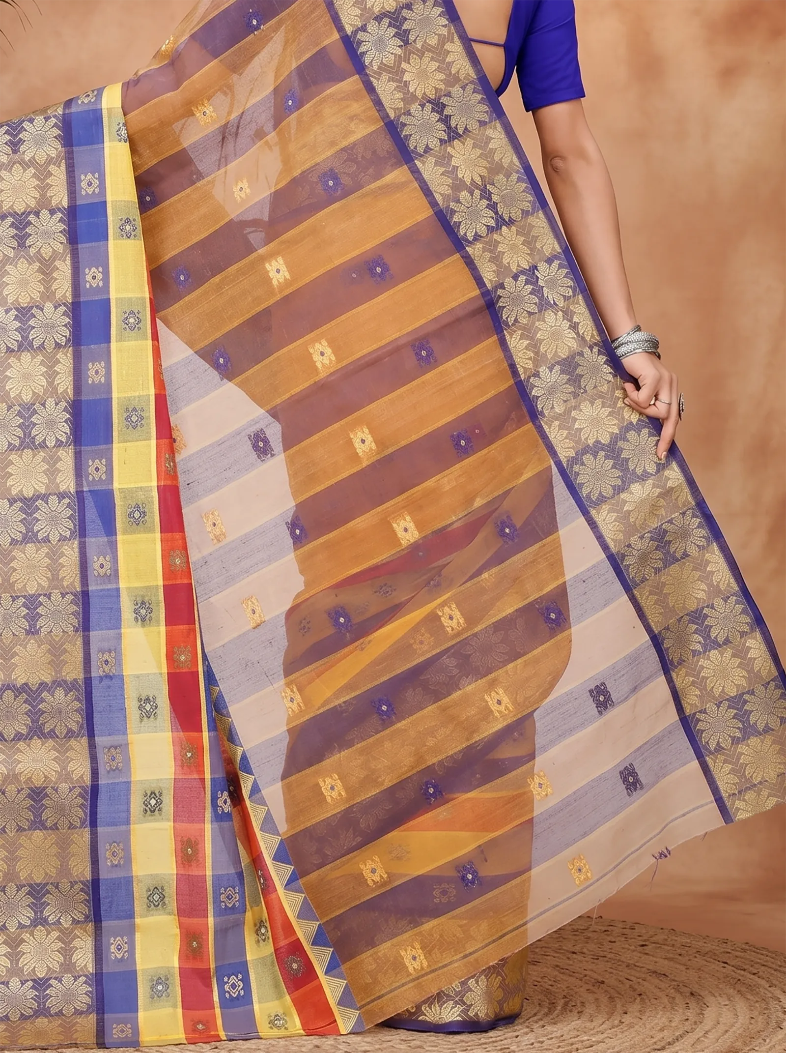 DipDiya Pure Cotton  Traditional Bengali Light Brown Artisan Crafted FulPar Tant Saree