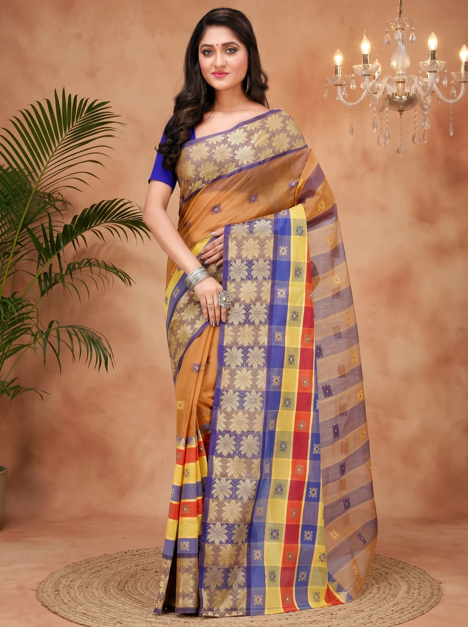 DipDiya Pure Cotton  Traditional Bengali Light Brown Artisan Crafted FulPar Tant Saree
