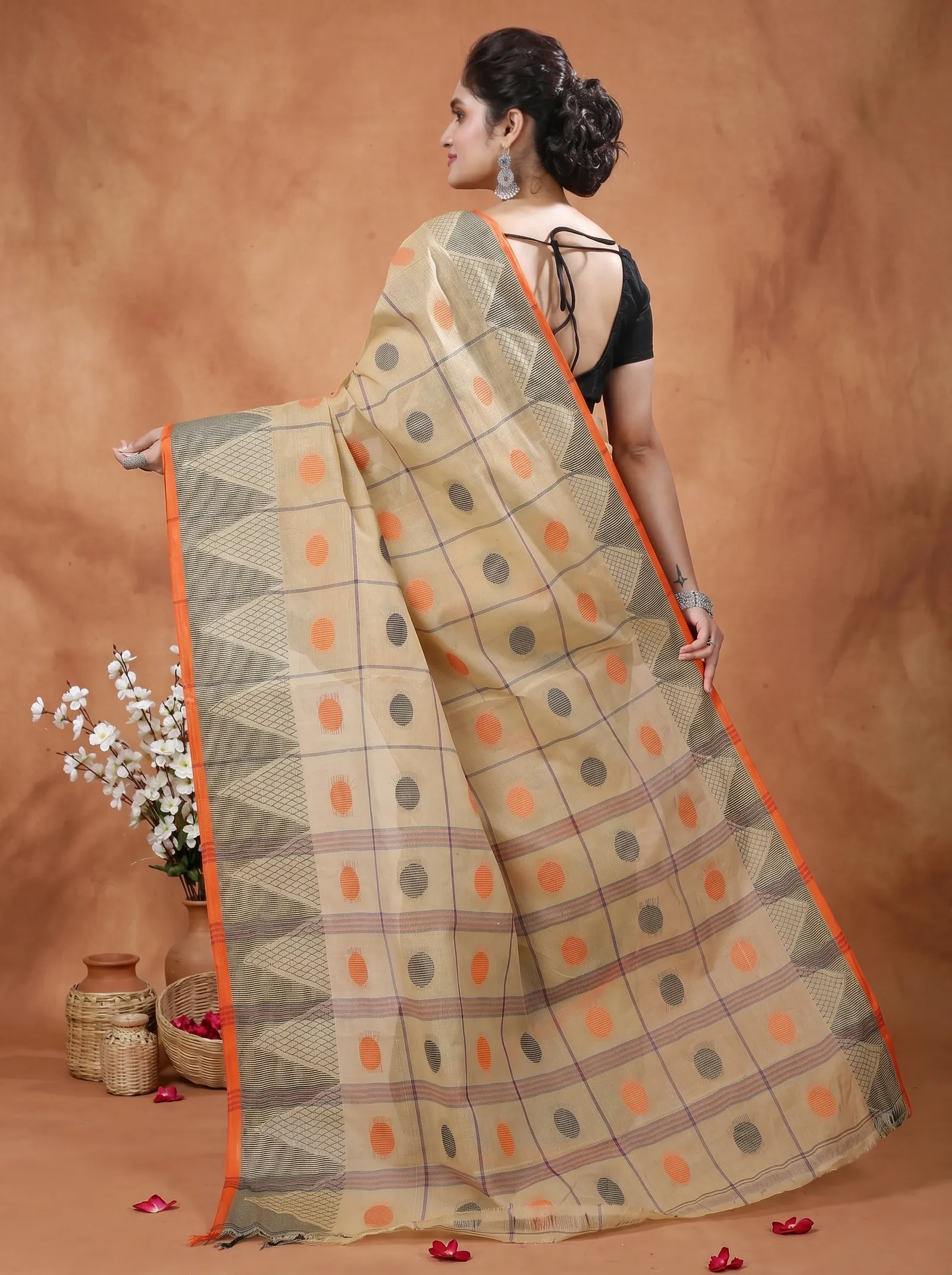 DipDiya Pure Cotton  Traditional Bengali Light Brown Artisan Crafted Rebeka Tant Saree