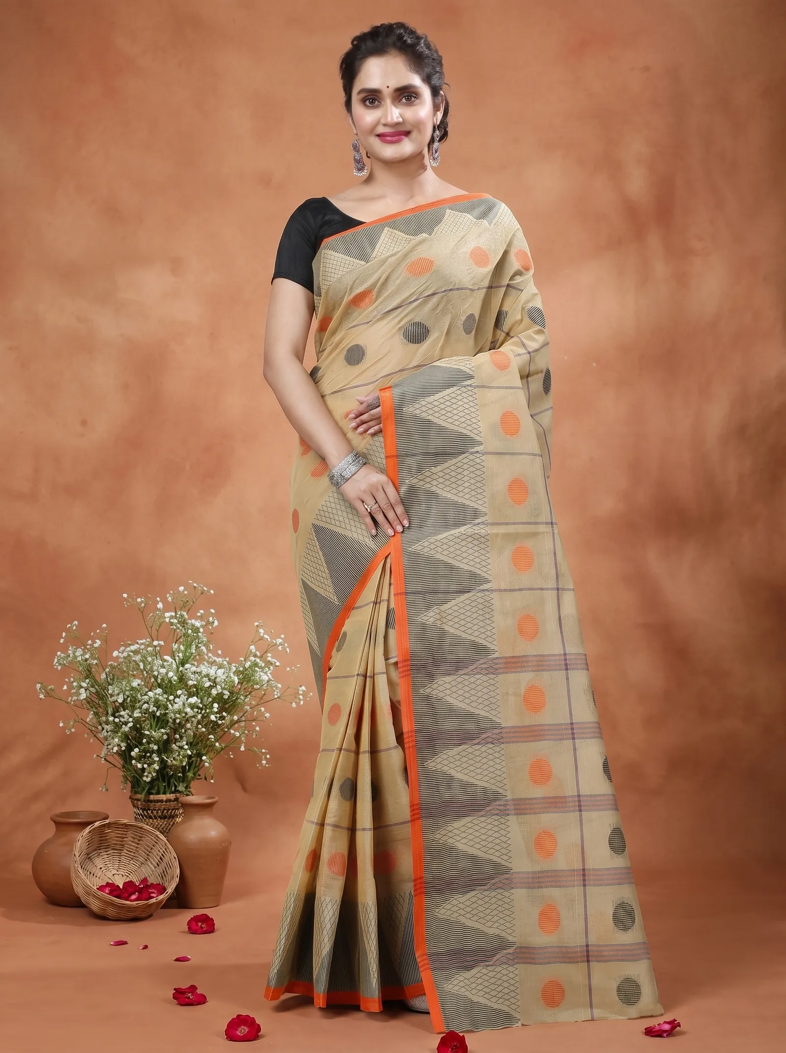 DipDiya Pure Cotton  Traditional Bengali Light Brown Artisan Crafted Rebeka Tant Saree