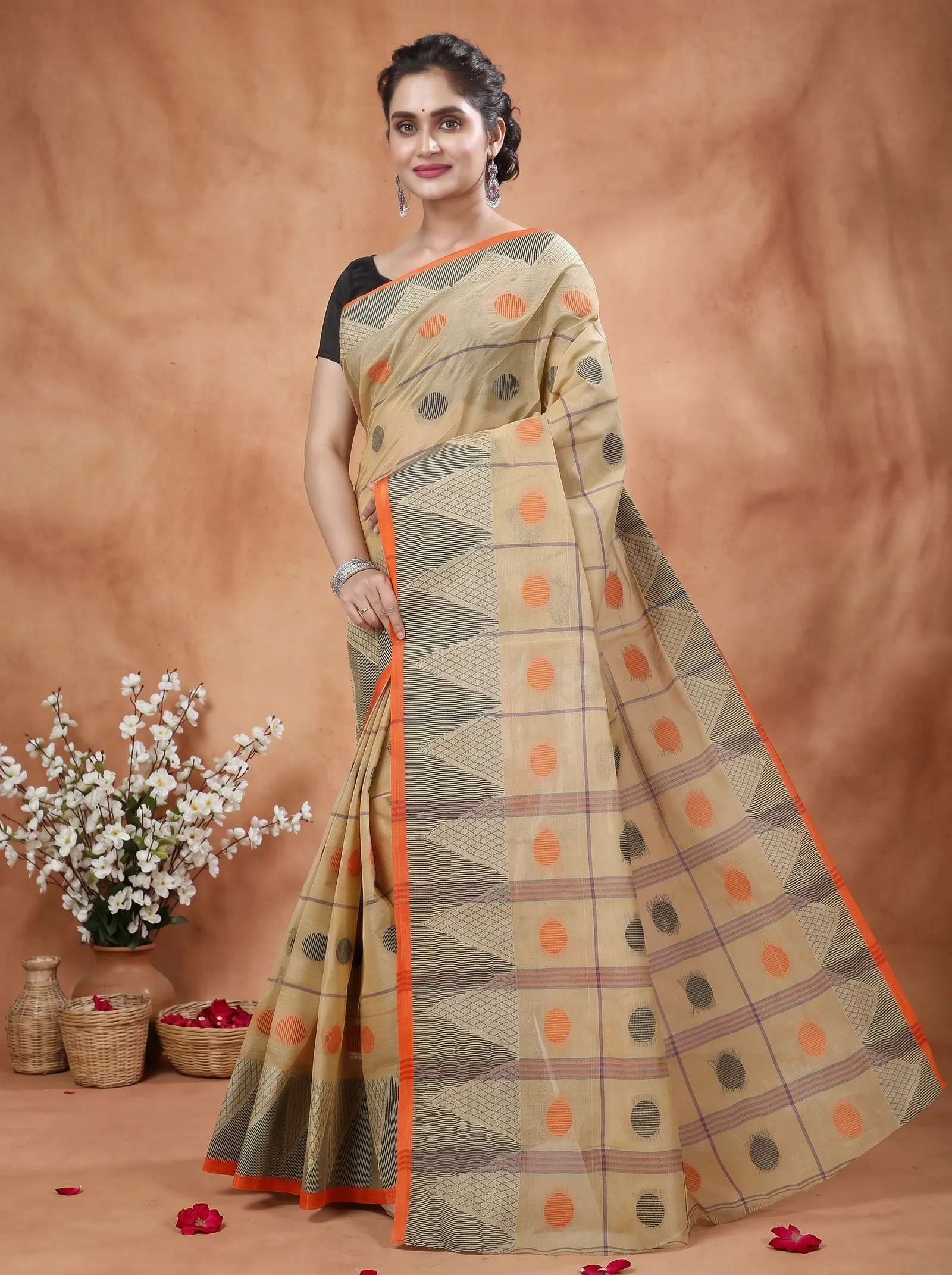 DipDiya Pure Cotton  Traditional Bengali Light Brown Artisan Crafted Rebeka Tant Saree