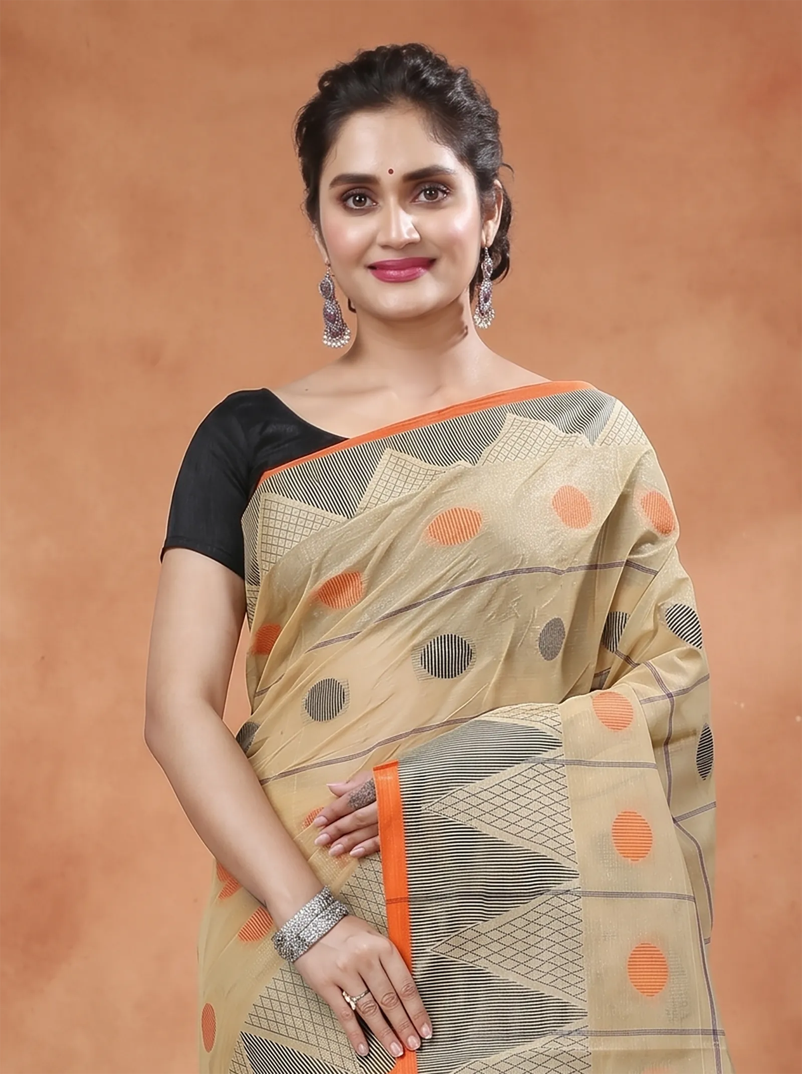 DipDiya Pure Cotton  Traditional Bengali Light Brown Artisan Crafted Rebeka Tant Saree