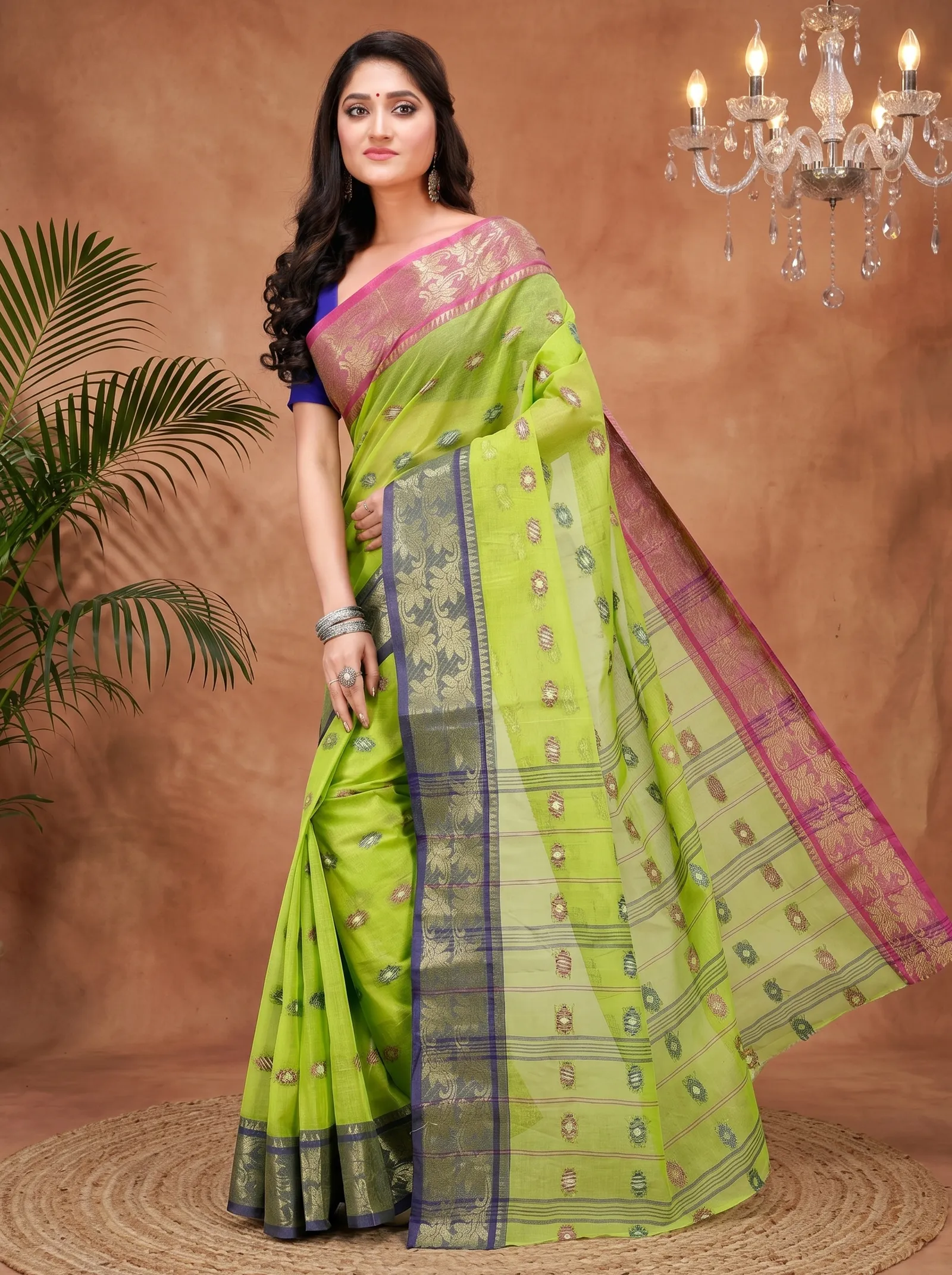 DipDiya Pure Cotton  Traditional Bengali Light Green Artisan Crafted Du Has Tant Saree