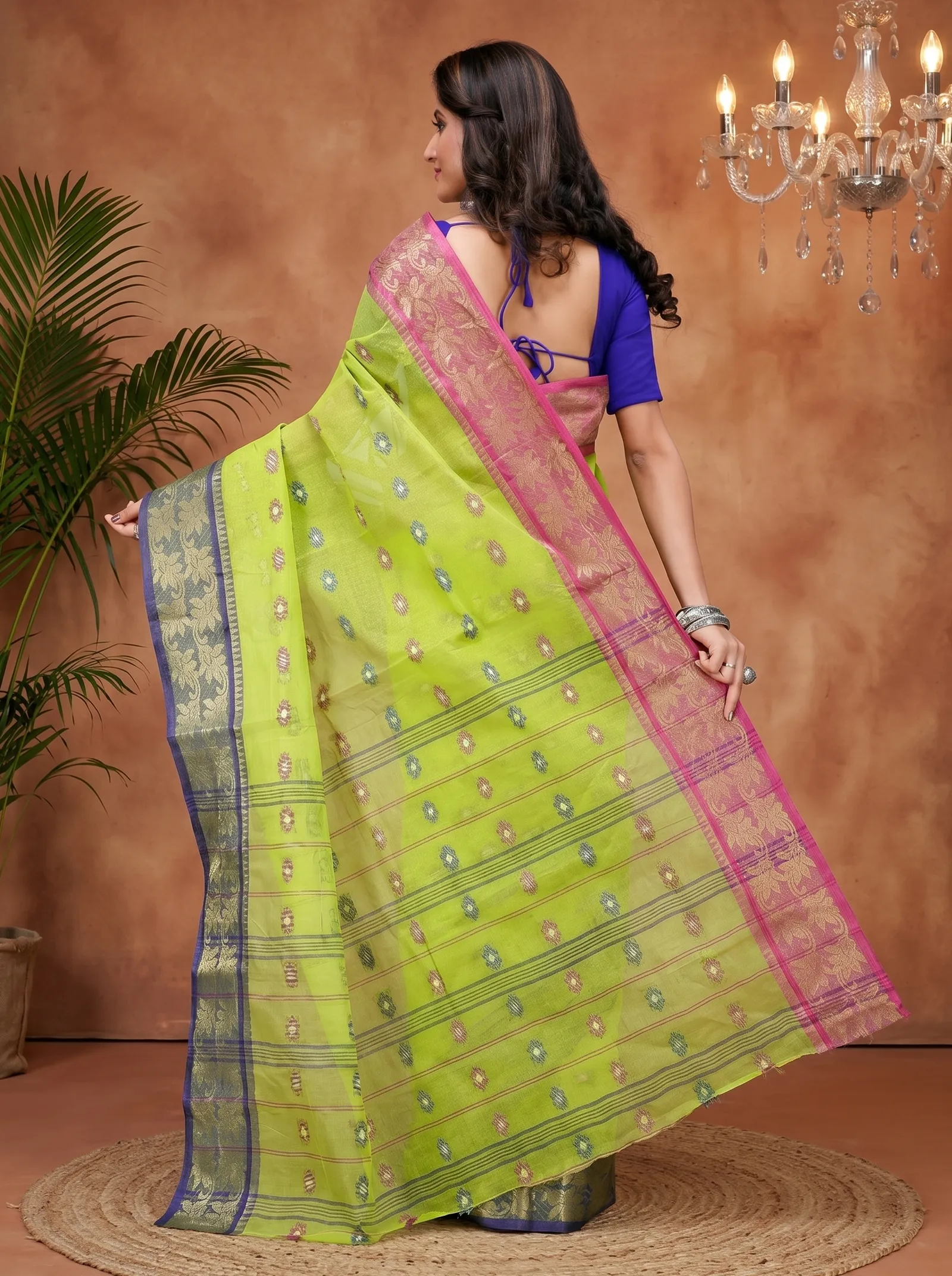 DipDiya Pure Cotton  Traditional Bengali Light Green Artisan Crafted Du Has Tant Saree