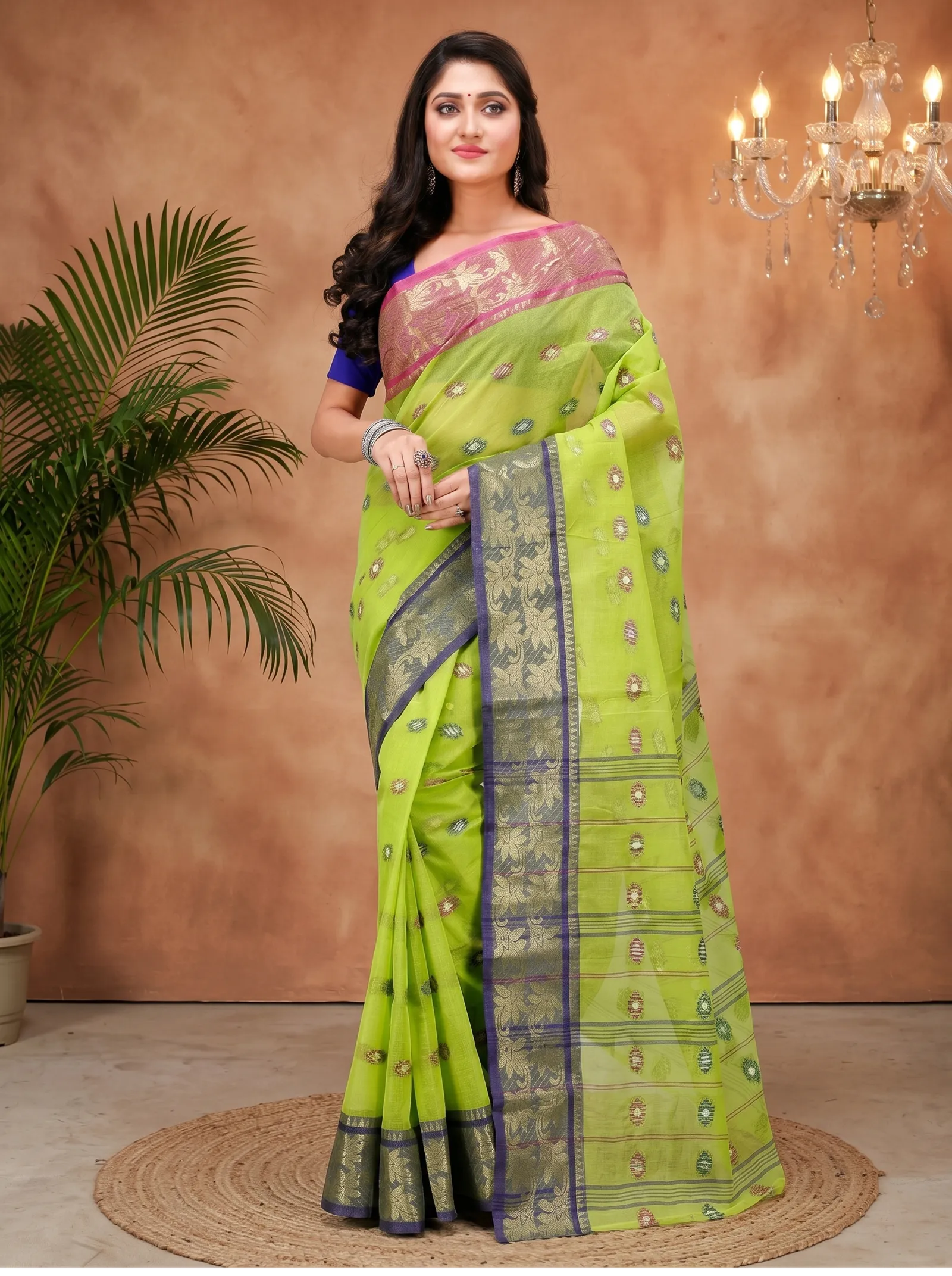 DipDiya Pure Cotton  Traditional Bengali Light Green Artisan Crafted Du Has Tant Saree