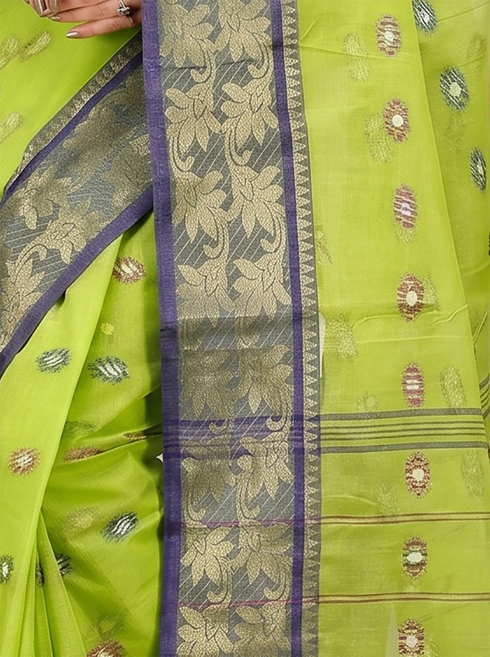 DipDiya Pure Cotton  Traditional Bengali Light Green Artisan Crafted Du Has Tant Saree