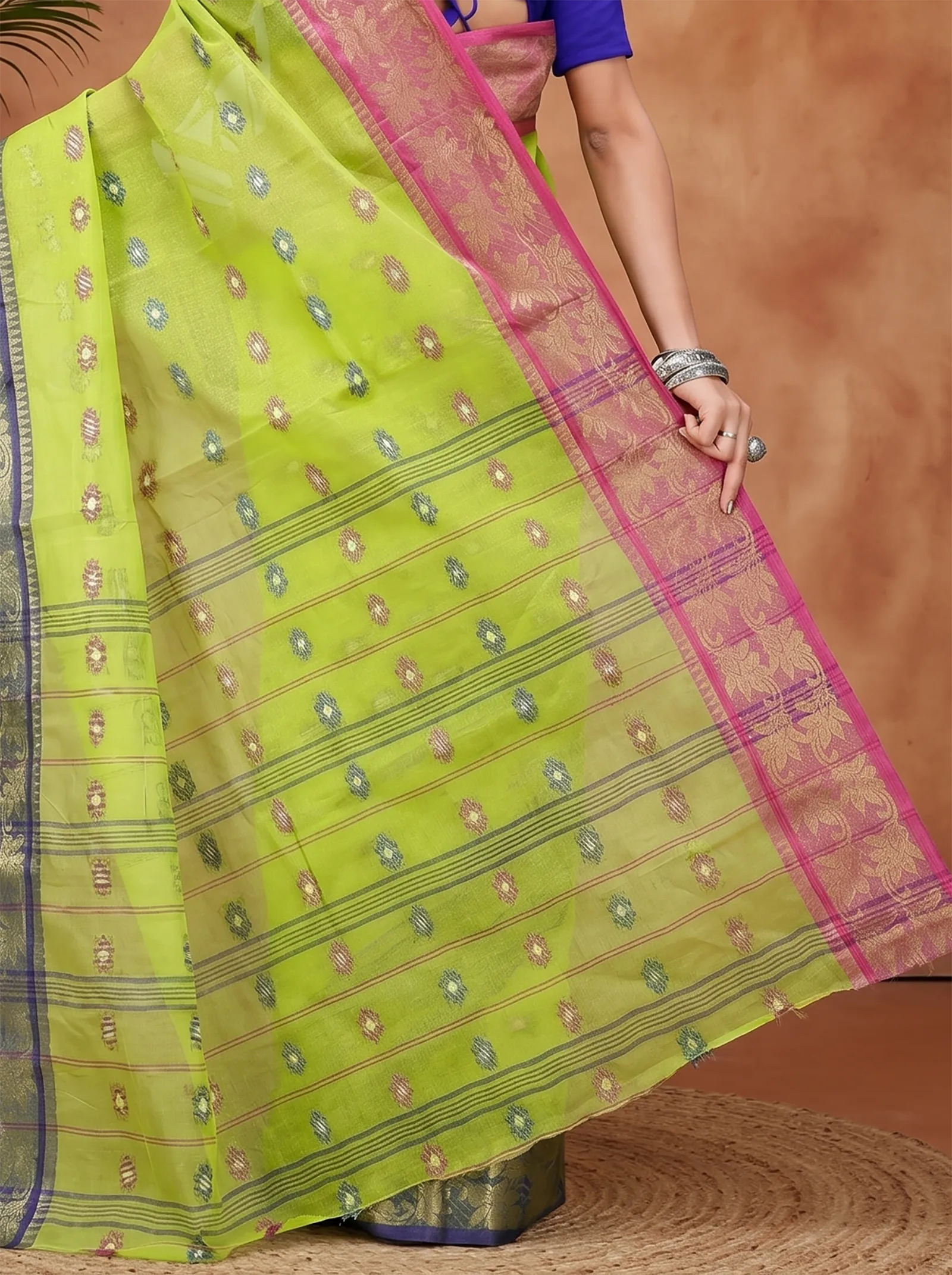 DipDiya Pure Cotton  Traditional Bengali Light Green Artisan Crafted Du Has Tant Saree