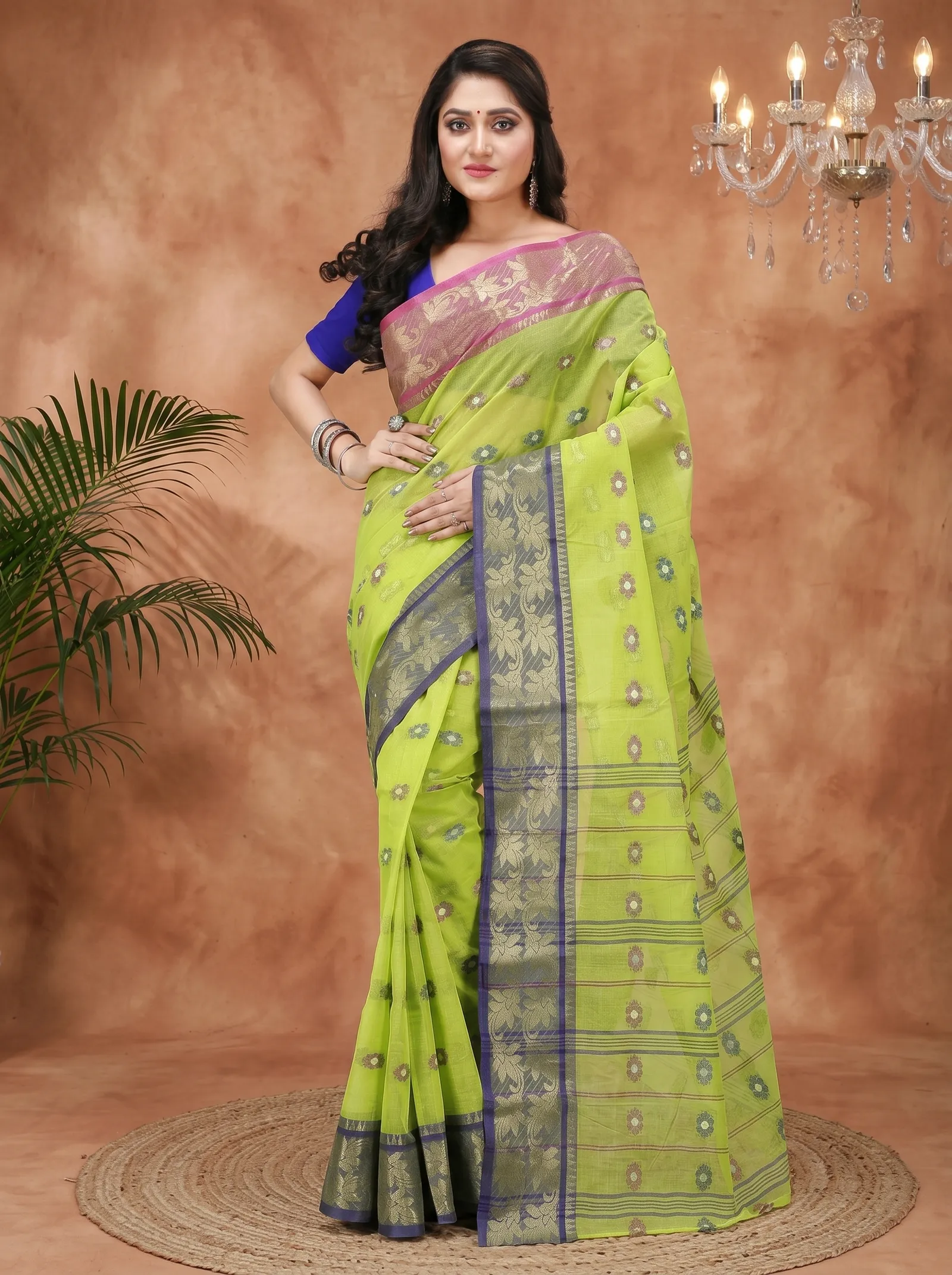 DipDiya Pure Cotton  Traditional Bengali Light Green Artisan Crafted Du Has Tant Saree