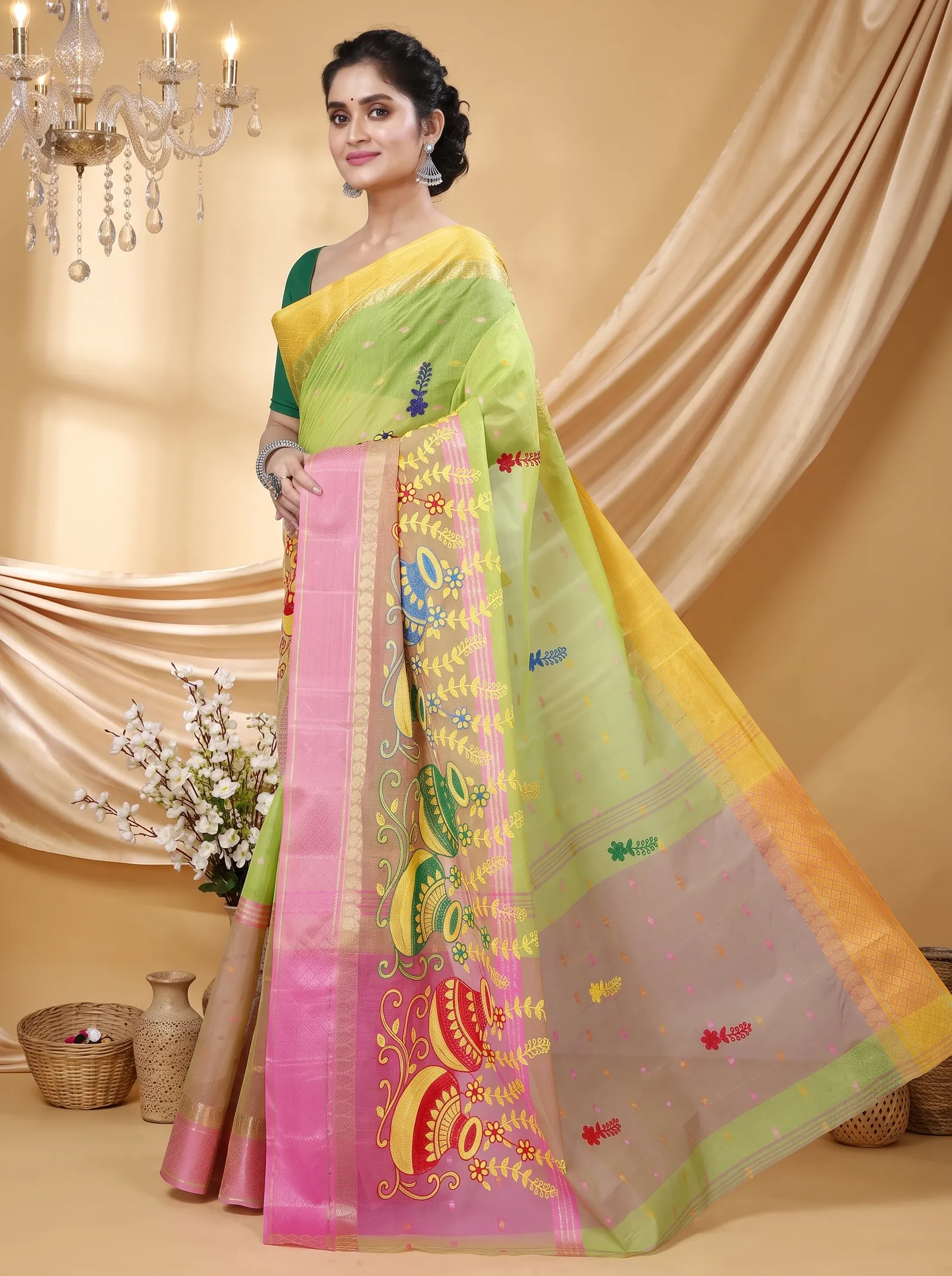 DipDiya Pure Cotton  Traditional Bengali Light Green Artisan Crafted Embi Ganga Buti Embroidery Tant Saree