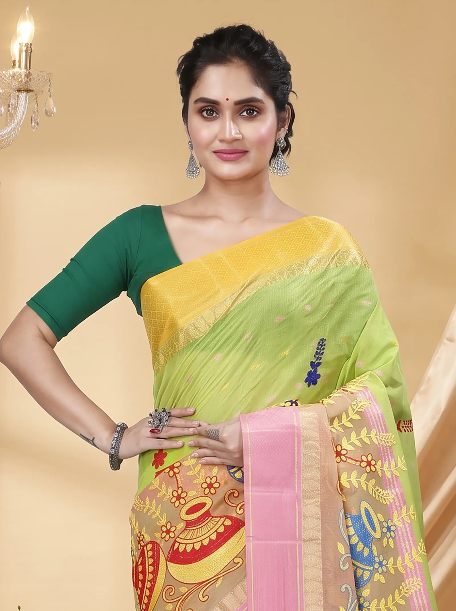 DipDiya Pure Cotton  Traditional Bengali Light Green Artisan Crafted Embi Ganga Buti Embroidery Tant Saree