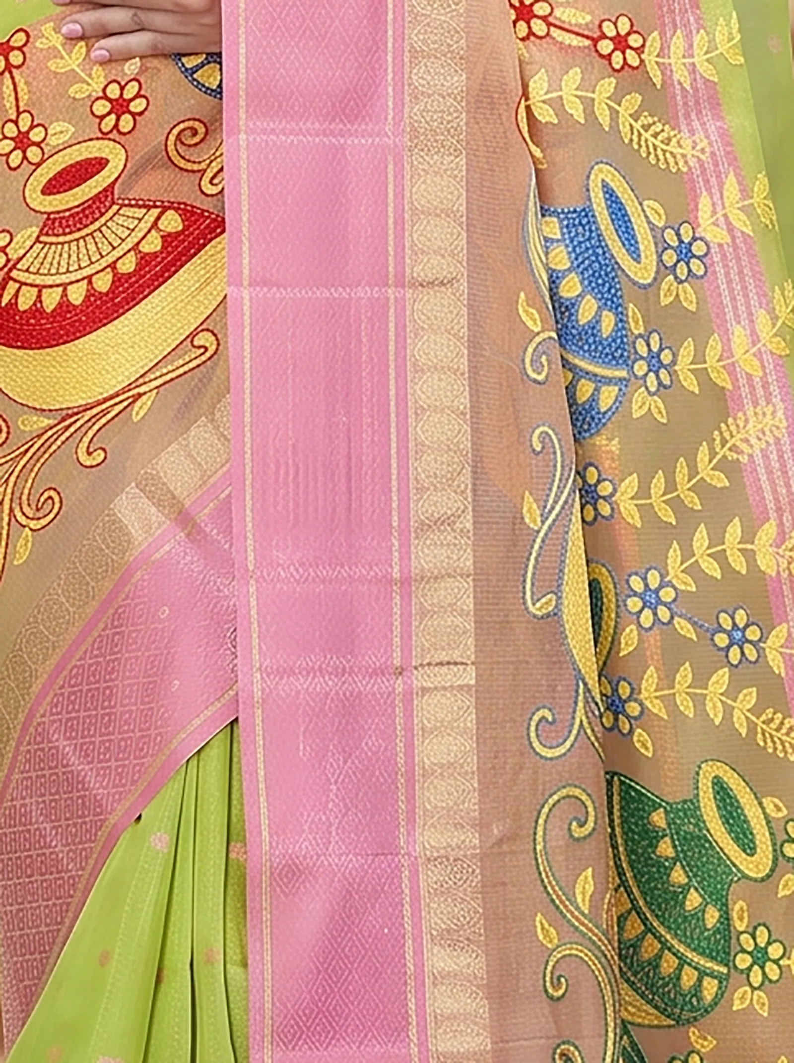 DipDiya Pure Cotton  Traditional Bengali Light Green Artisan Crafted Embi Ganga Buti Embroidery Tant Saree