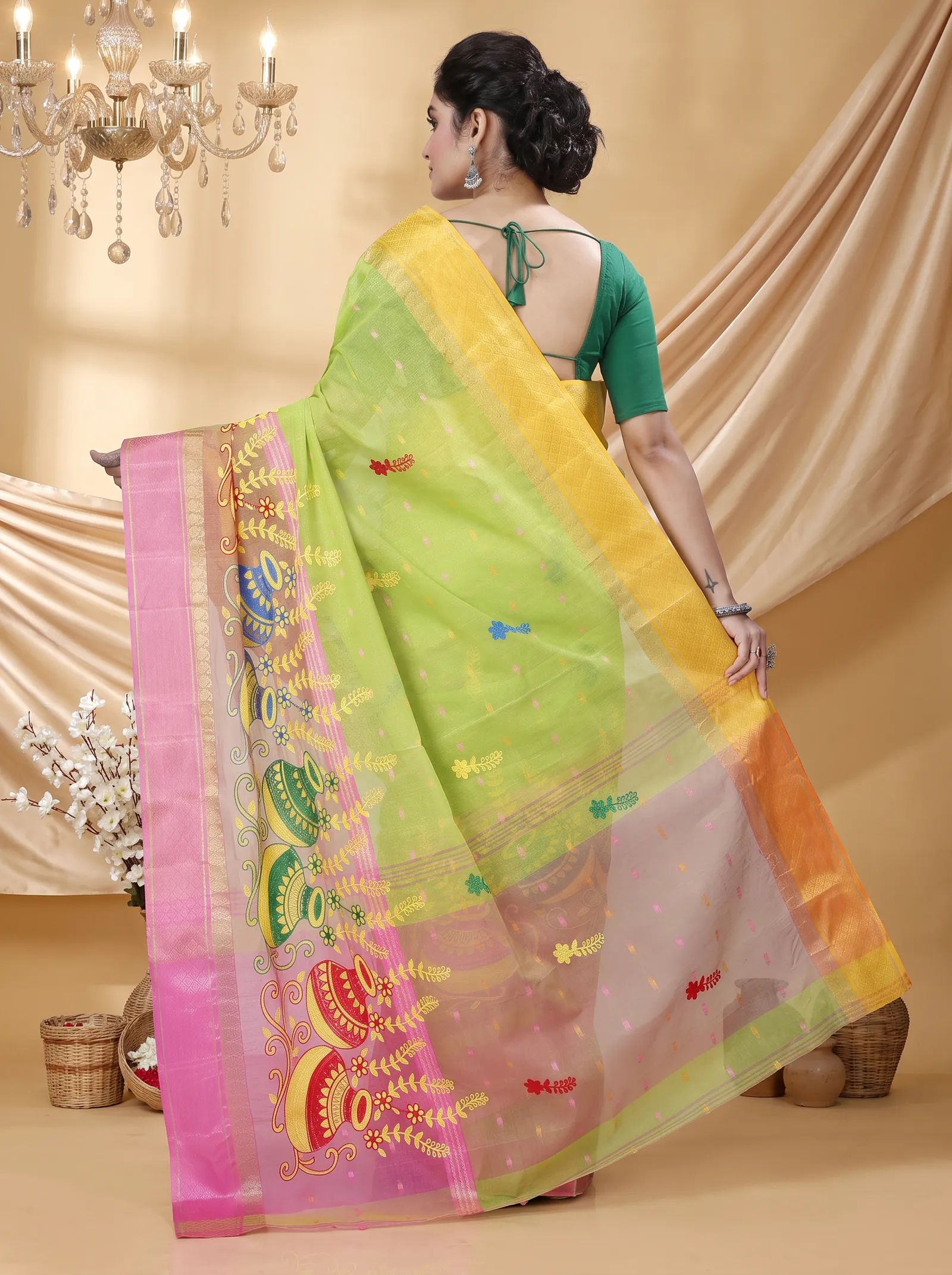 DipDiya Pure Cotton  Traditional Bengali Light Green Artisan Crafted Embi Ganga Buti Embroidery Tant Saree