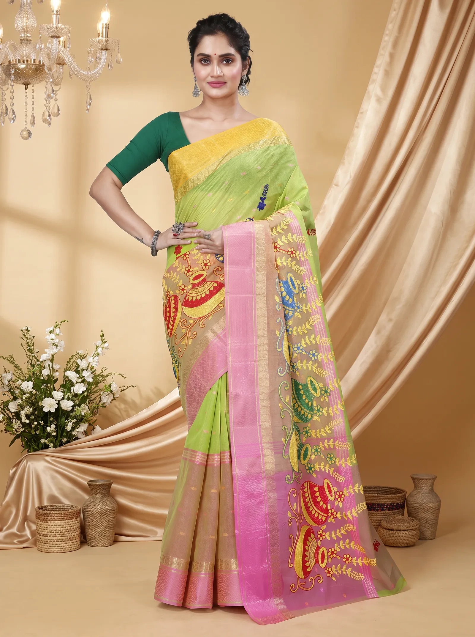 DipDiya Pure Cotton  Traditional Bengali Light Green Artisan Crafted Embi Ganga Buti Embroidery Tant Saree