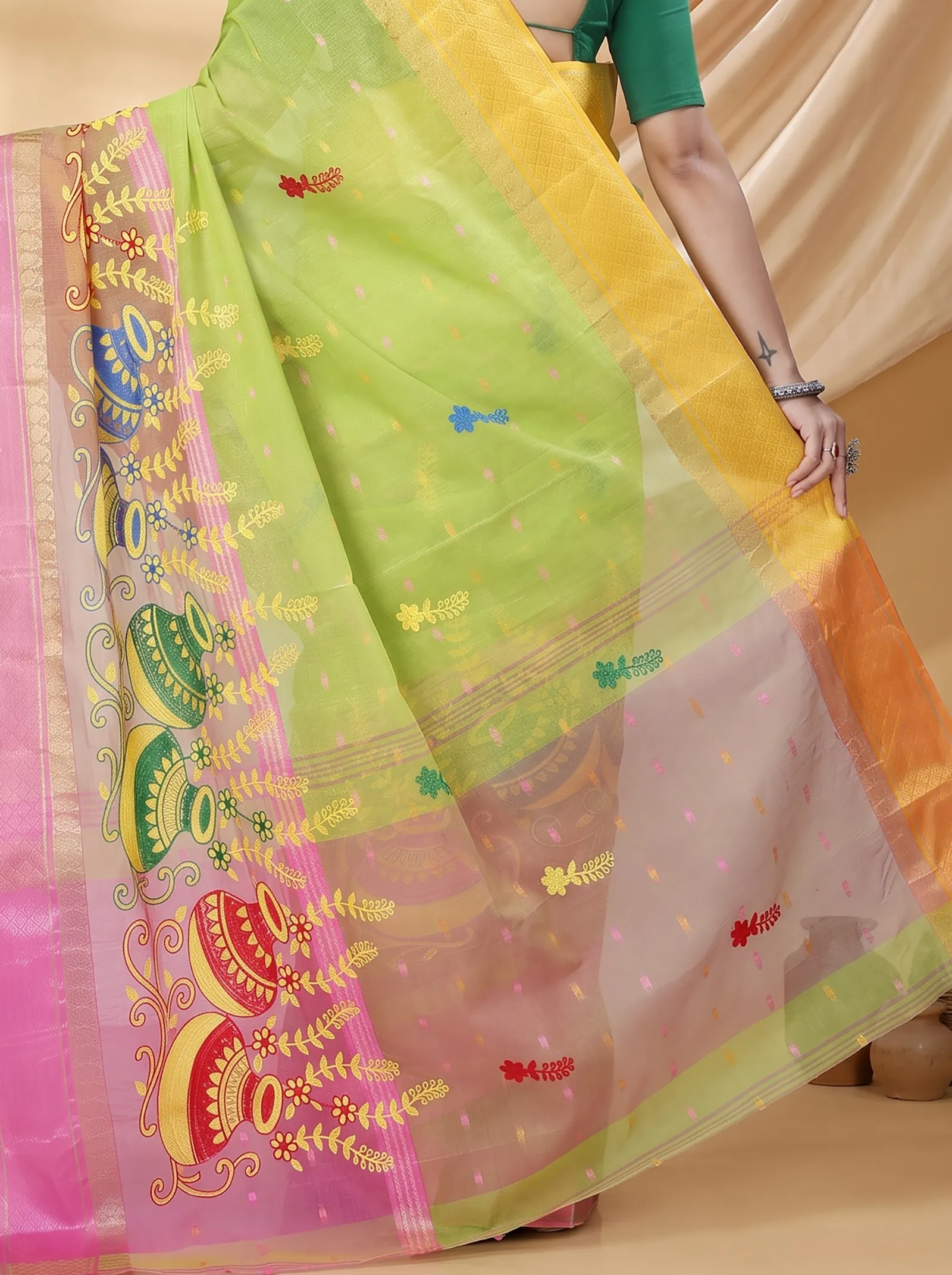DipDiya Pure Cotton  Traditional Bengali Light Green Artisan Crafted Embi Ganga Buti Embroidery Tant Saree