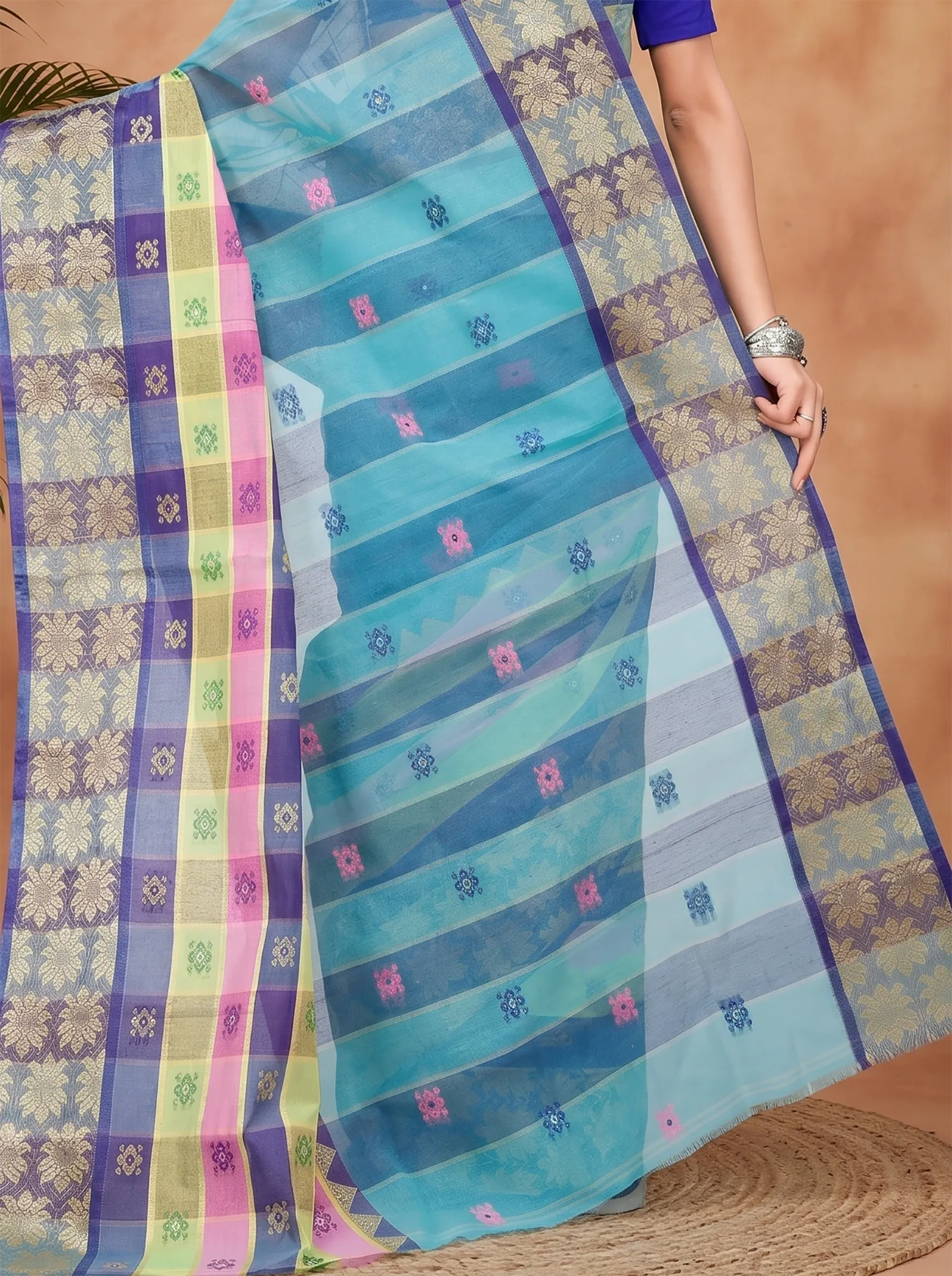 DipDiya Pure Cotton  Traditional Bengali Light Green Artisan Crafted FulPar Tant Saree