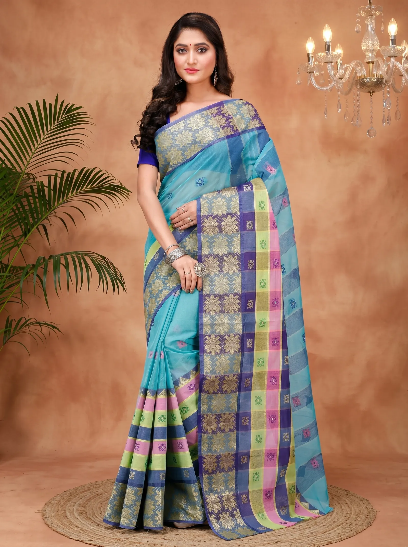 DipDiya Pure Cotton  Traditional Bengali Light Green Artisan Crafted FulPar Tant Saree