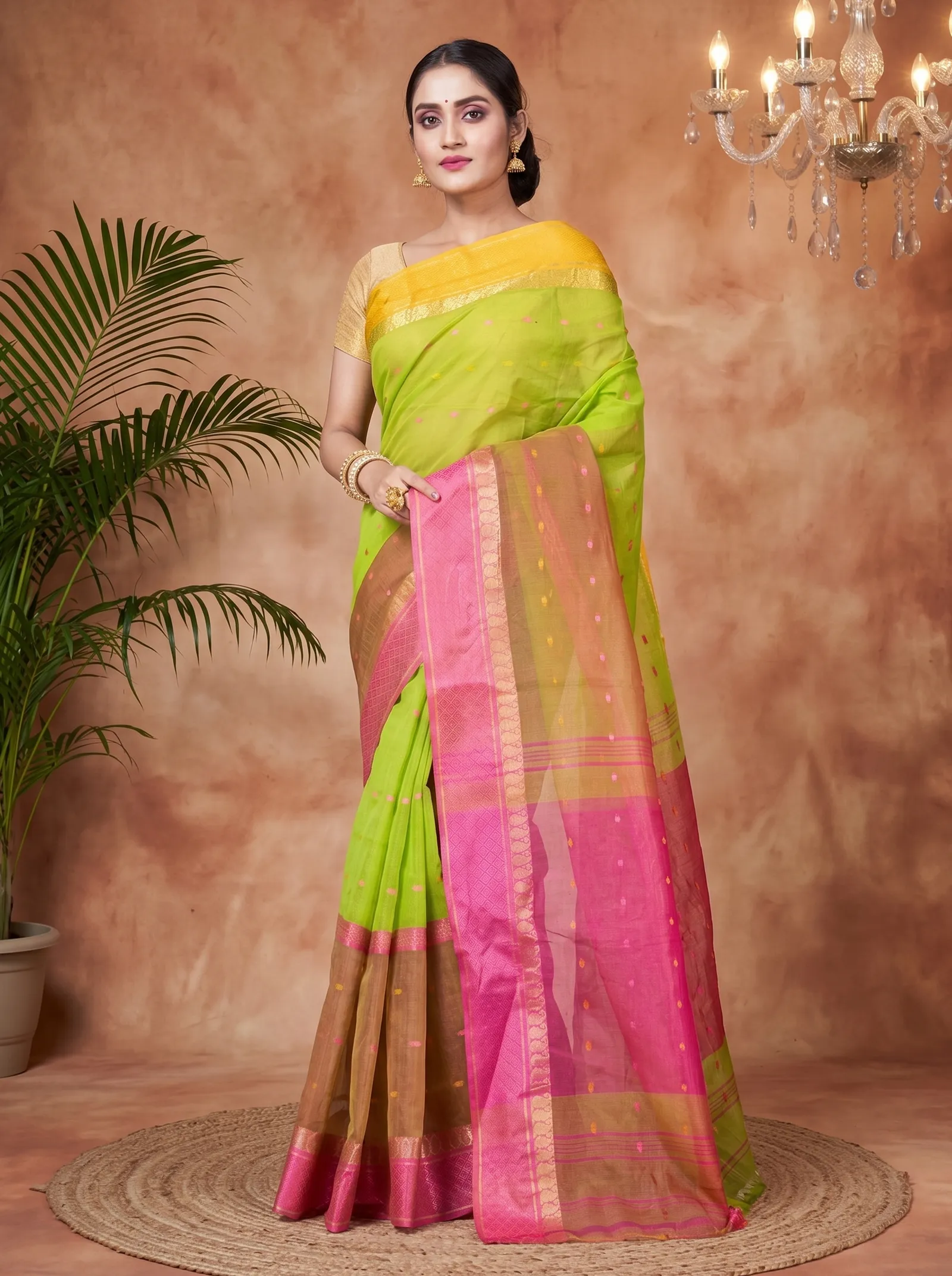 DipDiya Pure Cotton  Traditional Bengali Light Green Artisan Crafted Ganga Jamuna Buti Tant Saree