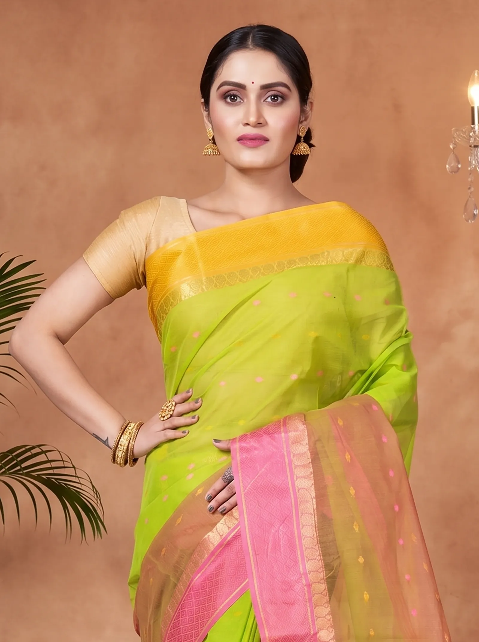 DipDiya Pure Cotton  Traditional Bengali Light Green Artisan Crafted Ganga Jamuna Buti Tant Saree