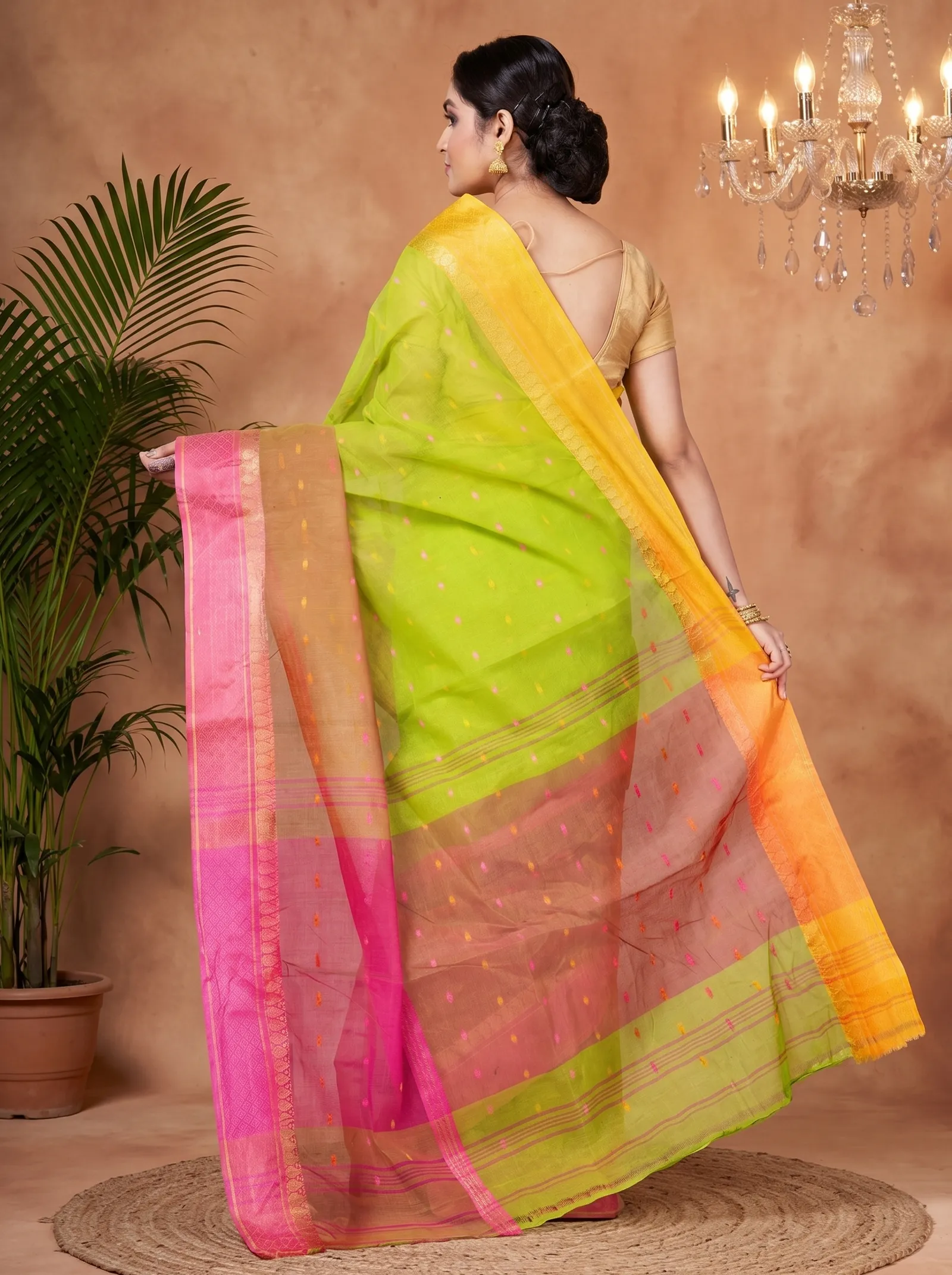 DipDiya Pure Cotton  Traditional Bengali Light Green Artisan Crafted Ganga Jamuna Buti Tant Saree